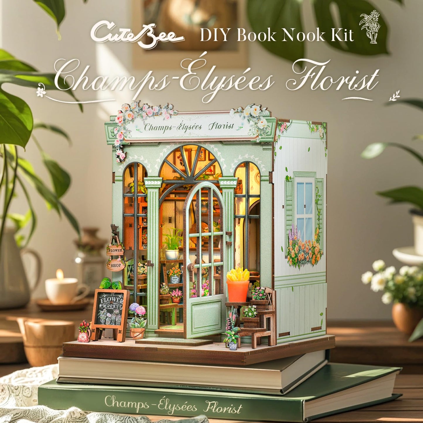 CUTEBEE Book Nook Kit - DIY Miniature House Kit for Adults, Dollhouse Kit Tiny House Bookshelf Decor 3D Wooden Puzzle Model Building Set, Gifts for Family and Friends (Champs-Élysées Florist)