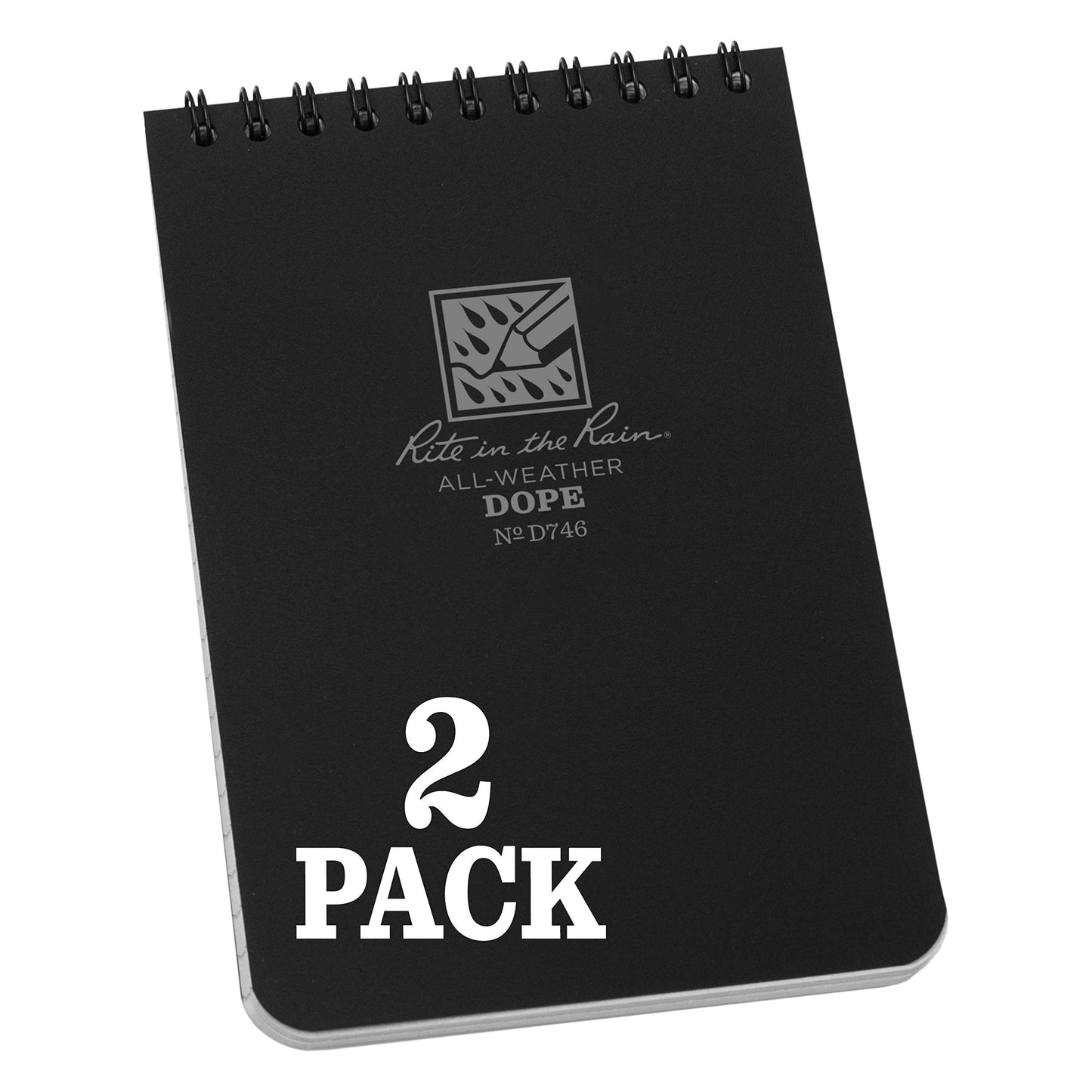 Rite in the Rain Weatherproof Top Spiral DOPE Logbook, 4" x 6", Black Cover, DOPE Pattern Front, Universal Pattern Back, 2 Pack (No. D746L2)