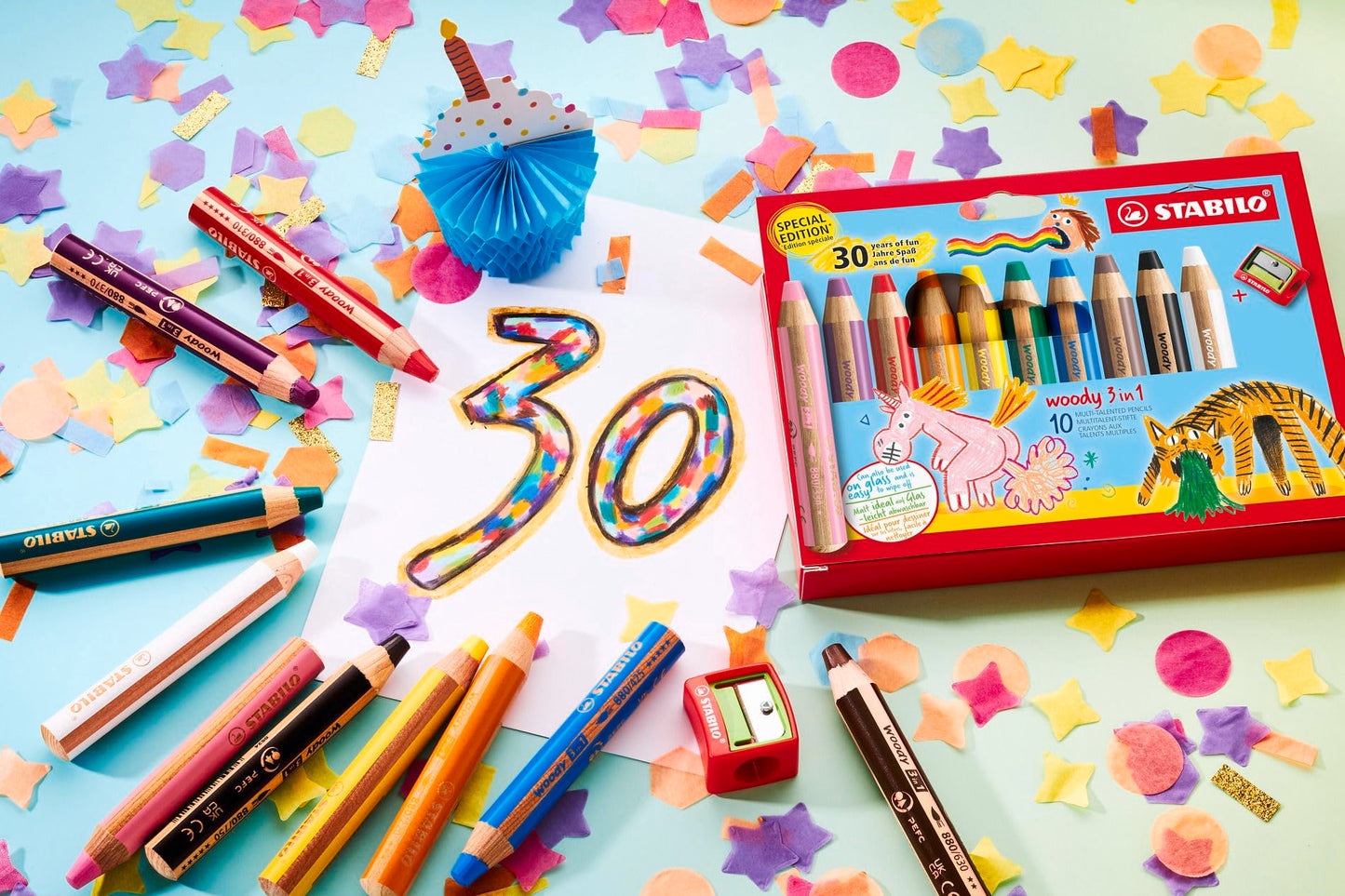 STABILO Multi-Talented Pencil woody 3 in 1 - Pack of 10 - Birthday Edition - Assorted Colours with Sharpener