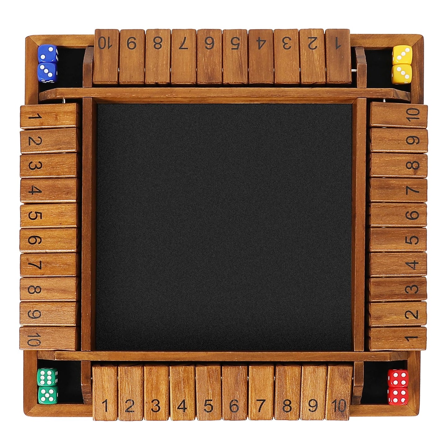 VAMSLOVE 12 inches Shut The Box Dice Game Wooden Board for 2-4 Player, 4 Sided 10 Numbers Math Games with 8+4 Dices Close The Box for Kids Adults(Instructions Included)