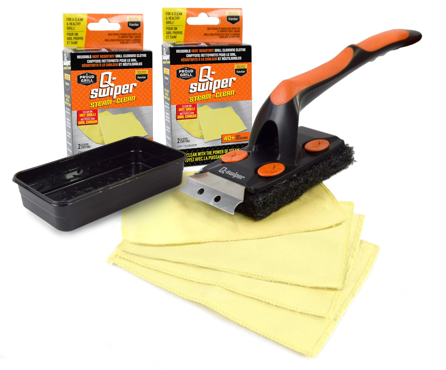 Q-Swiper XL Steam-Clean Grill Cleaning Value Set | Bristle-Free Brush with Scraper | Dipping Tray, 4 Kevlar® Heat Resistant Cleaning Cloths | Safe Way to Steam Away BBQ Grill Grease & Grime