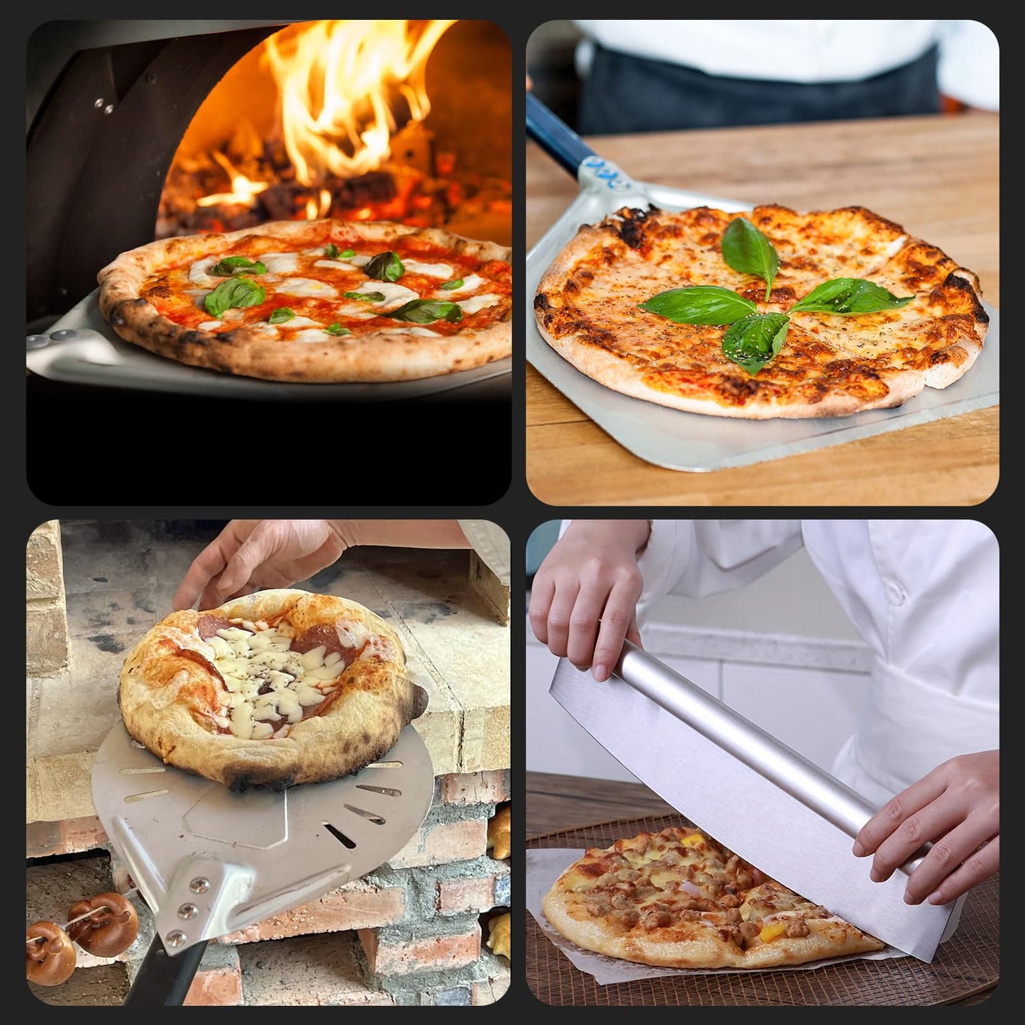 4PCS Pizza Oven Accessories, Yofuly 12 Inch Perforated Pizza Peel, 9 Inch Round Turning Peel, Stone Cleaning Brush with Scraper, Rocker Cutter, Homemade Pizzas Supplies Tools Kit