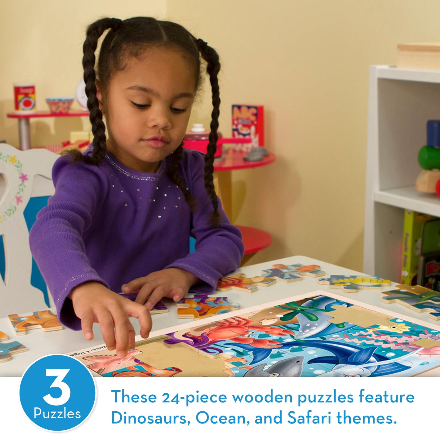 Melissa & Doug 3-Puzzle Jigsaw Set - Dinosaurs, Ocean, and SafariToddler Jigsaw Puzzles; Sea Creatures, Dinosaur, Animal Wood Puzzles for Kids Ages 3+