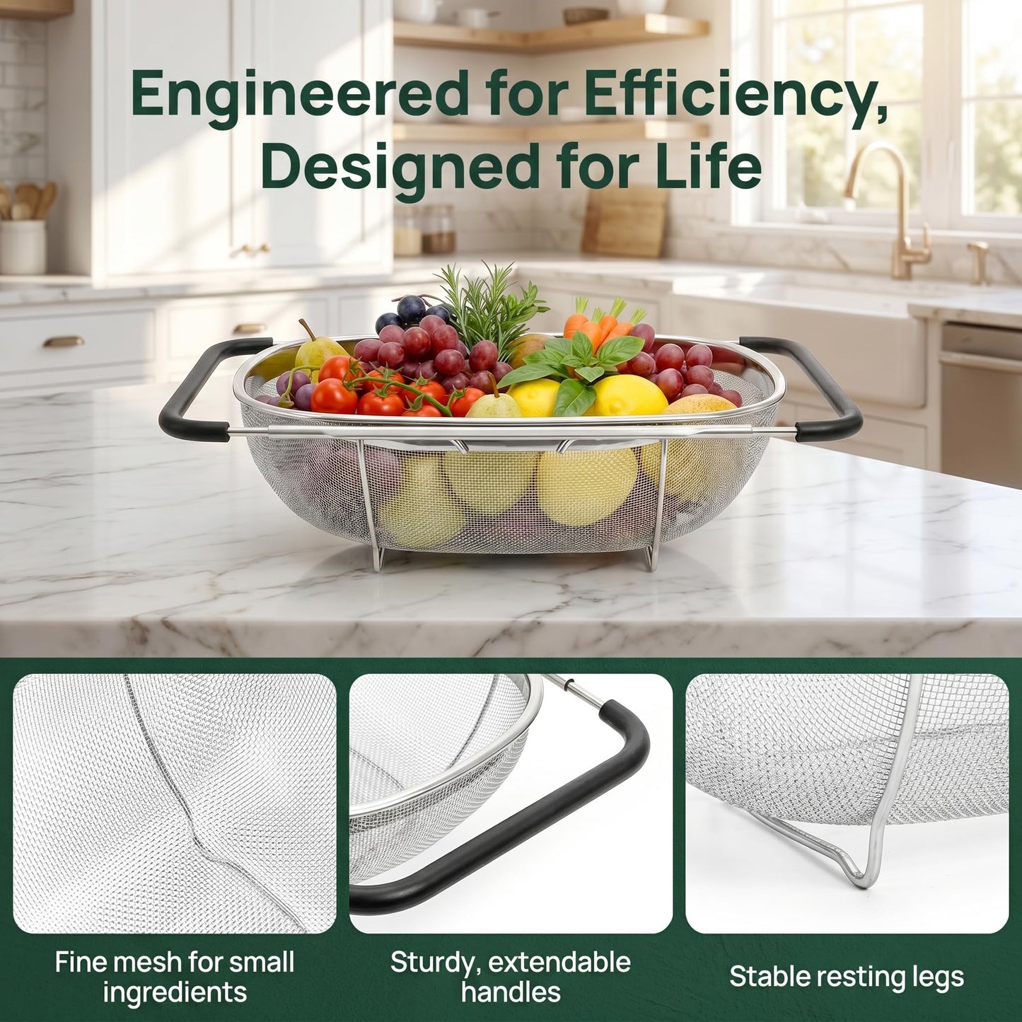 Suwimut 2 Pack Over the Sink Oval Colander for Kitchen, Stainless Steel Fine Mesh 6 Quart Strainer Basket with Expandable Rubber Grip Handles for Straining, Draining, Rinsing Fruits, Vegetables
