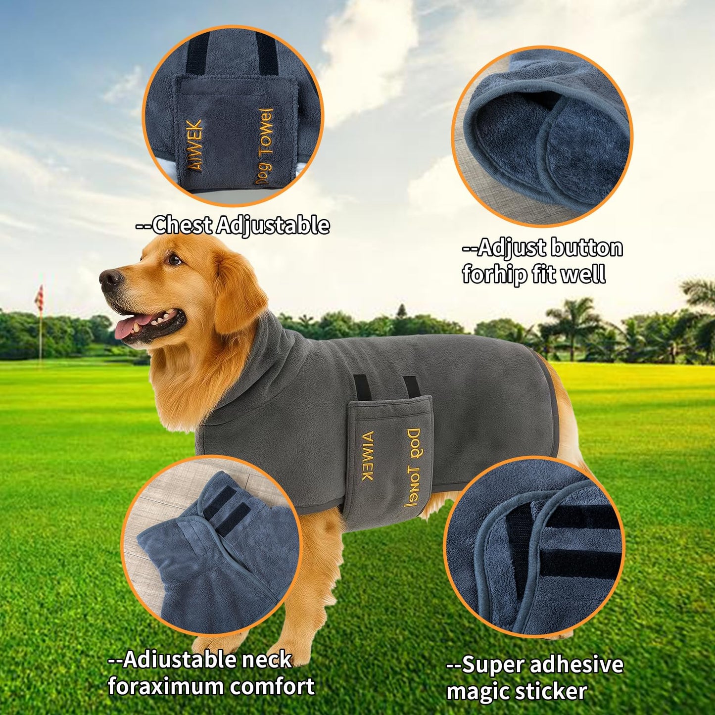 AIWEK Dog Towel Wrap Super Absorbent Dog Drying Coat Bath Robe for Puppy, Medium & Large Dogs, Fast Drying, Adjustable, for Pet Dogs & Cats Grey