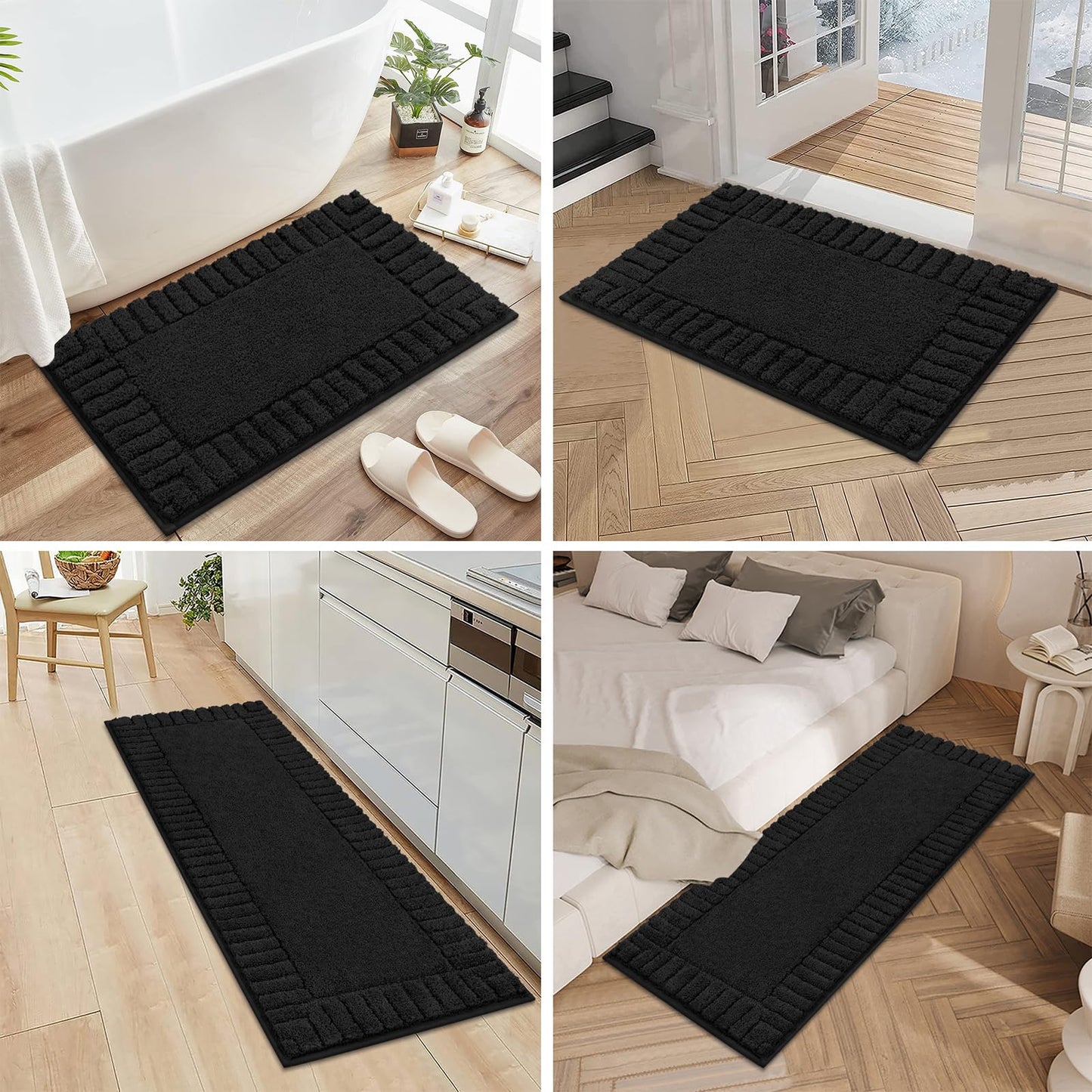 Pauwer Bath Mat for Bathroom Non Slip Bathroom Mat Sets 3 Piece Absorbent Bathroom Rug Plush Shaggy Bath Rugs Set with U-Shaped Contour Toilet Mat Machine Washable, Black