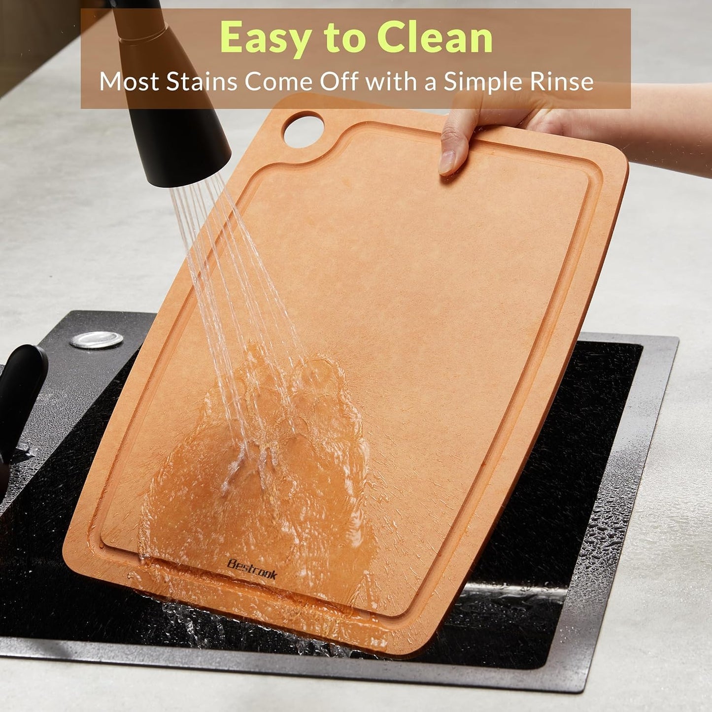 BESTCOOK Wood Fiber Cutting Board for Kitchen, BPA-Free Reversible Durable Chopping Board with Juice Groove, Non-Porous Dishwasher Safe, Non-Slip, Knife Friendly for Meat Bread Fruit, Natural