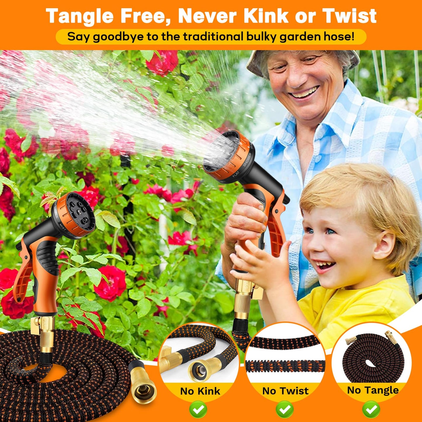 100FT Expandable Garden Hose with 10 Function Spray Nozzle,Flexible Lightweight Water Hose with 3/4”Solid Brass Fittings, Durable 4-Layers Latex,Expanding Retractable Gardening Pipe for Outdoor