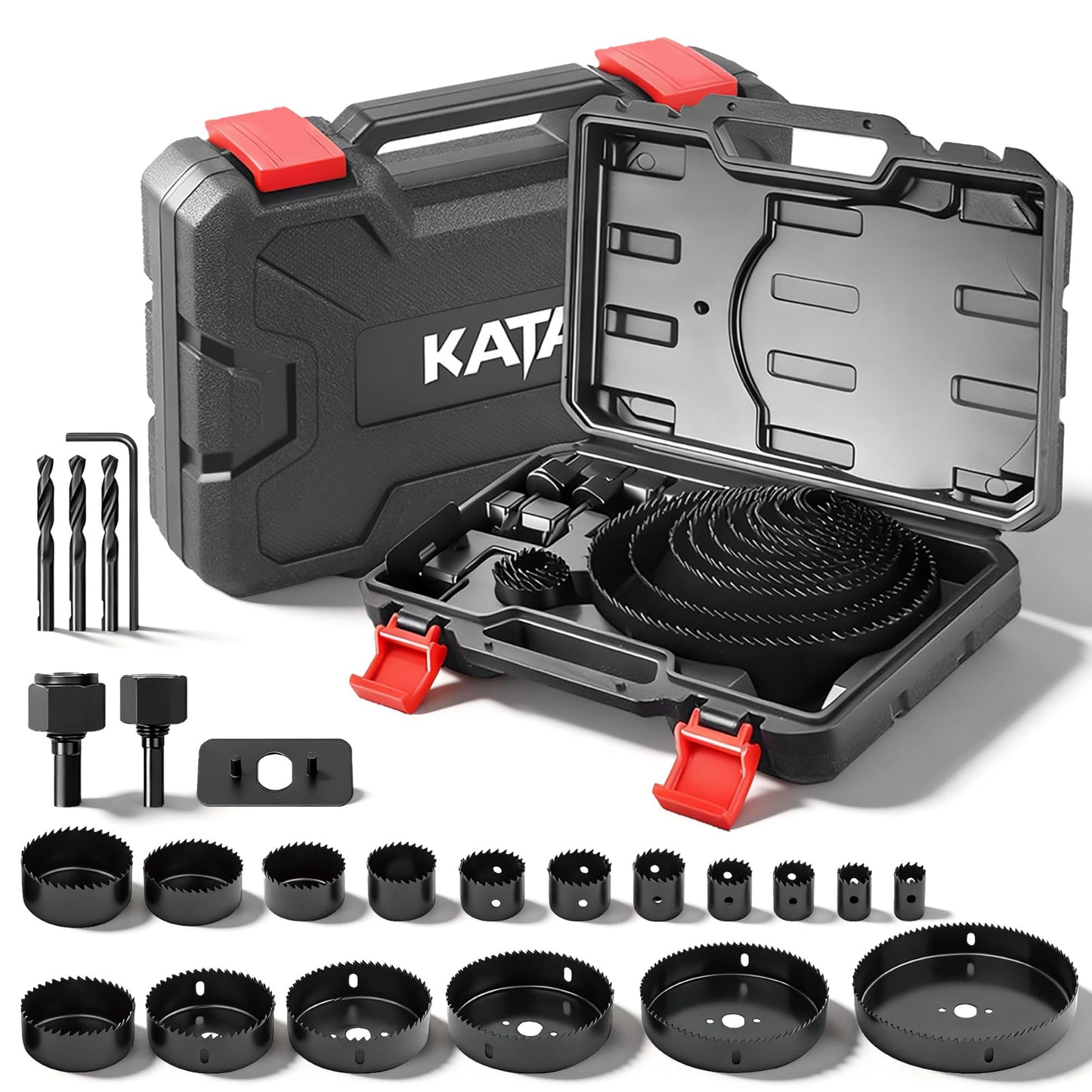 KATA Hole Saw Set 24PCS Hole Saw Kit with 3/4"-6"(19-152mm) 13PCS Saw Blades, 2 Mandrels, 3 Drill Bits, 1 Installation Plate, 1 Hex Key, Ideal for Soft Wood, Plywood, Drywall, PVC