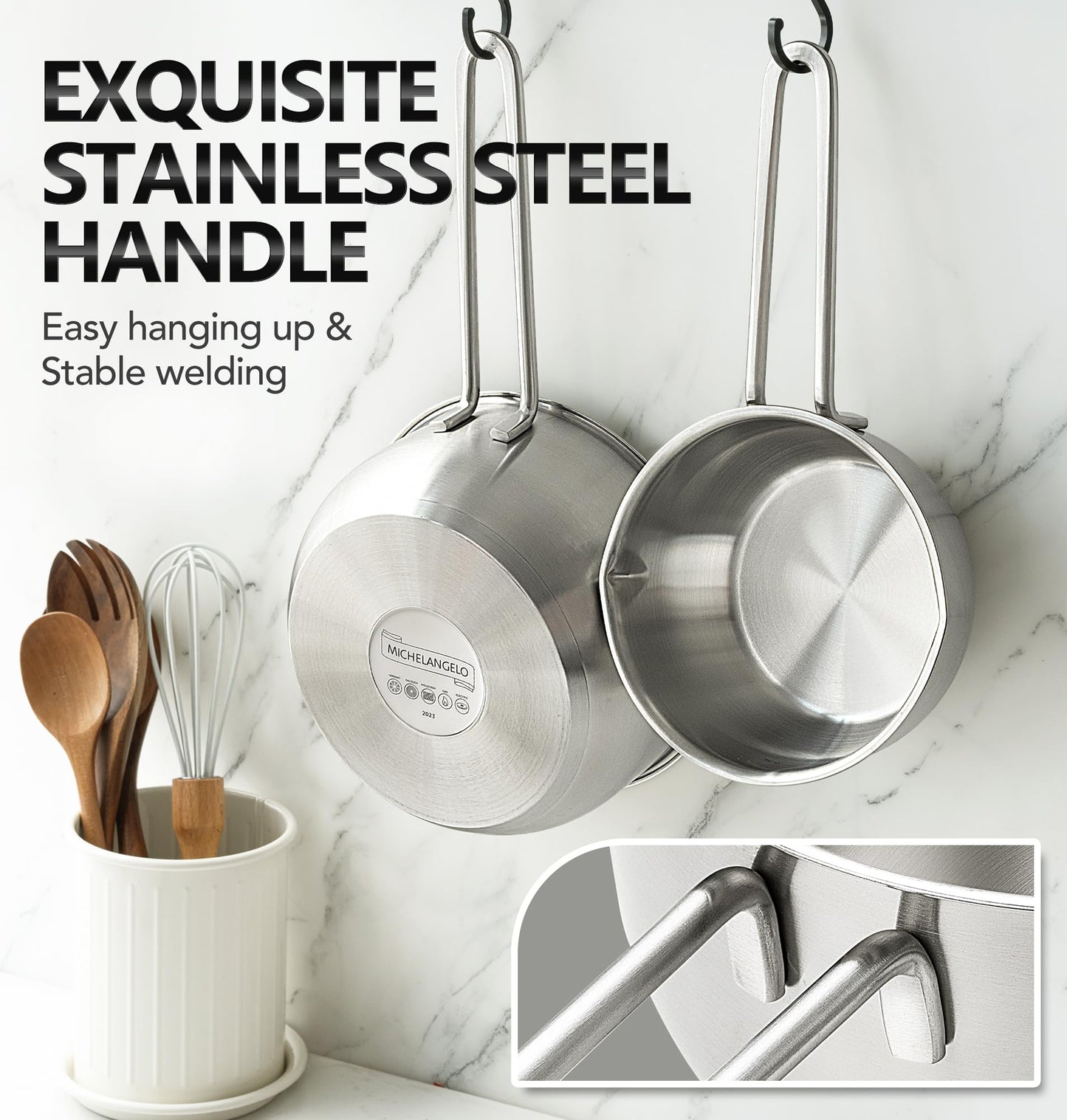 MICHELANGELO Stainless Steel Saucepan Set with Lid & Pour Spout 1QT & 2QT & 3QT, Tri-Ply Bottom Sauce Pan Set, Sauce Pot Set - 6 Pcs