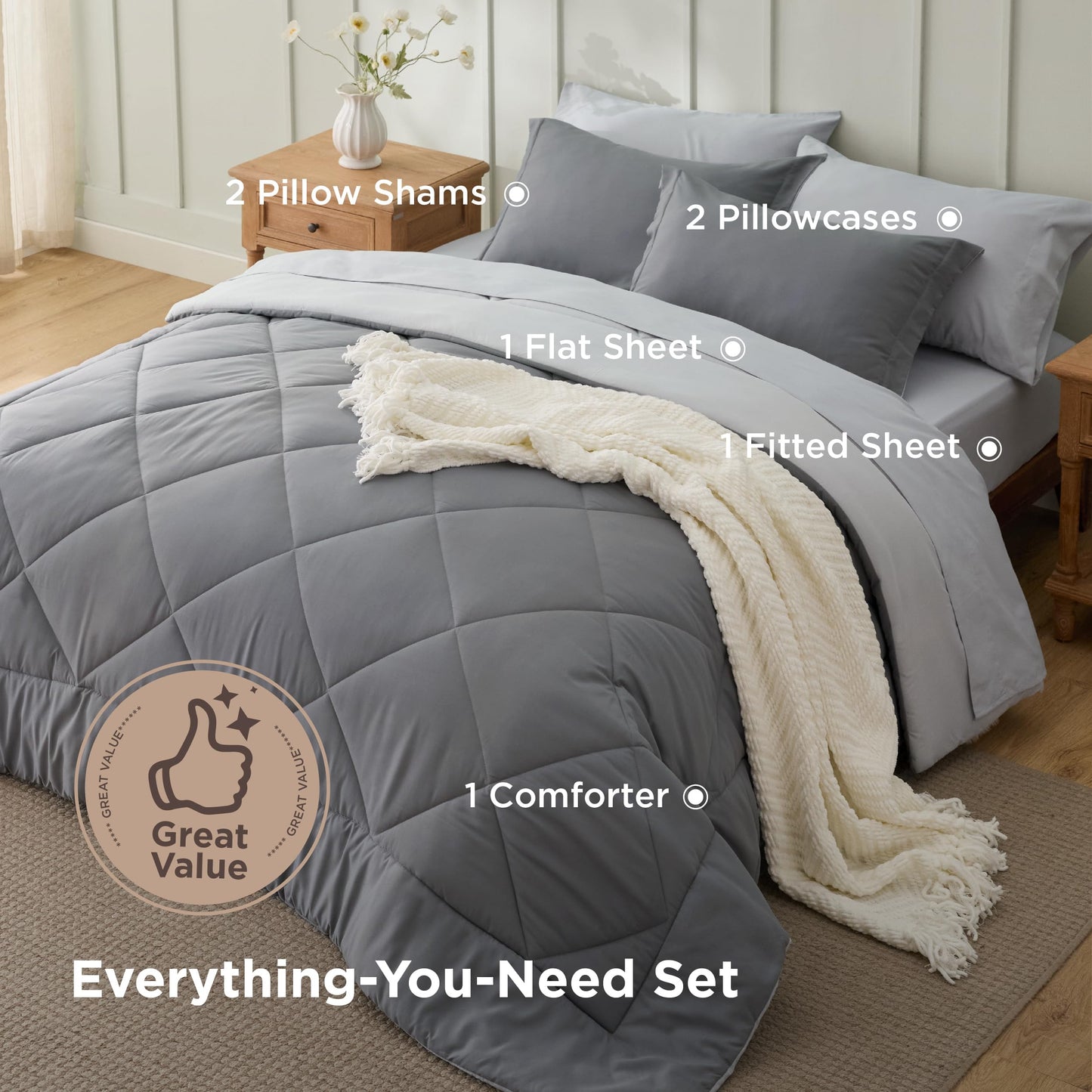 Bedsure Queen Comforter Set - 7 Pieces Reversible Grey Bedding, GentleSoft™ Queen Size Bed Set Gift for Family, Bed in a Bag with Warm Down Alternative Comforter, Sheets, Pillowcases & Shams