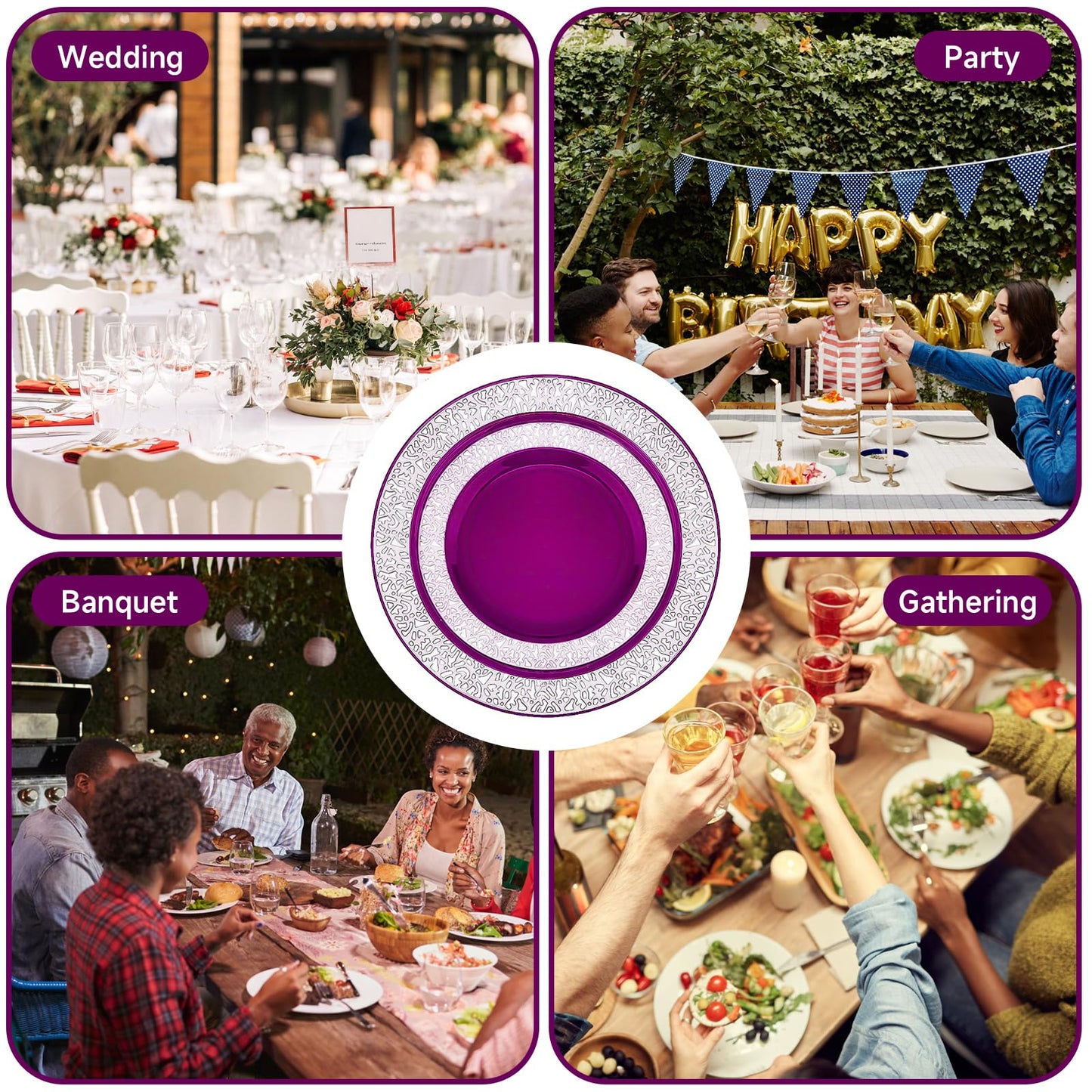 100Pcs Purple Silver Plastic Plates, Disposable Party Plates with Silver Lace, Heavy Duty Fancy Wedding Party Supplies Include 50 Dinner Plates 10.25" and 50 Dessert Appetizer Plates 7.5"