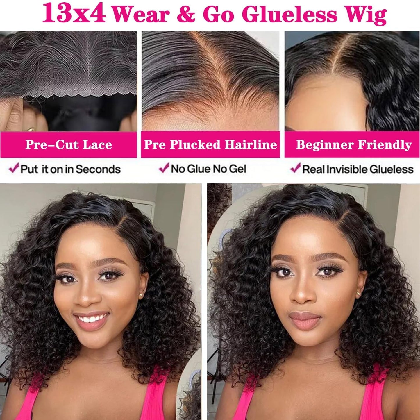 Bob Wigs Human Hair 12 Inch Wear and Go Glueless Pre Plucked Deep Wave Curly Bob Wig Human Hair Upgraded No Glue 13x4 Lace Front Glueless Wigs for Black Women