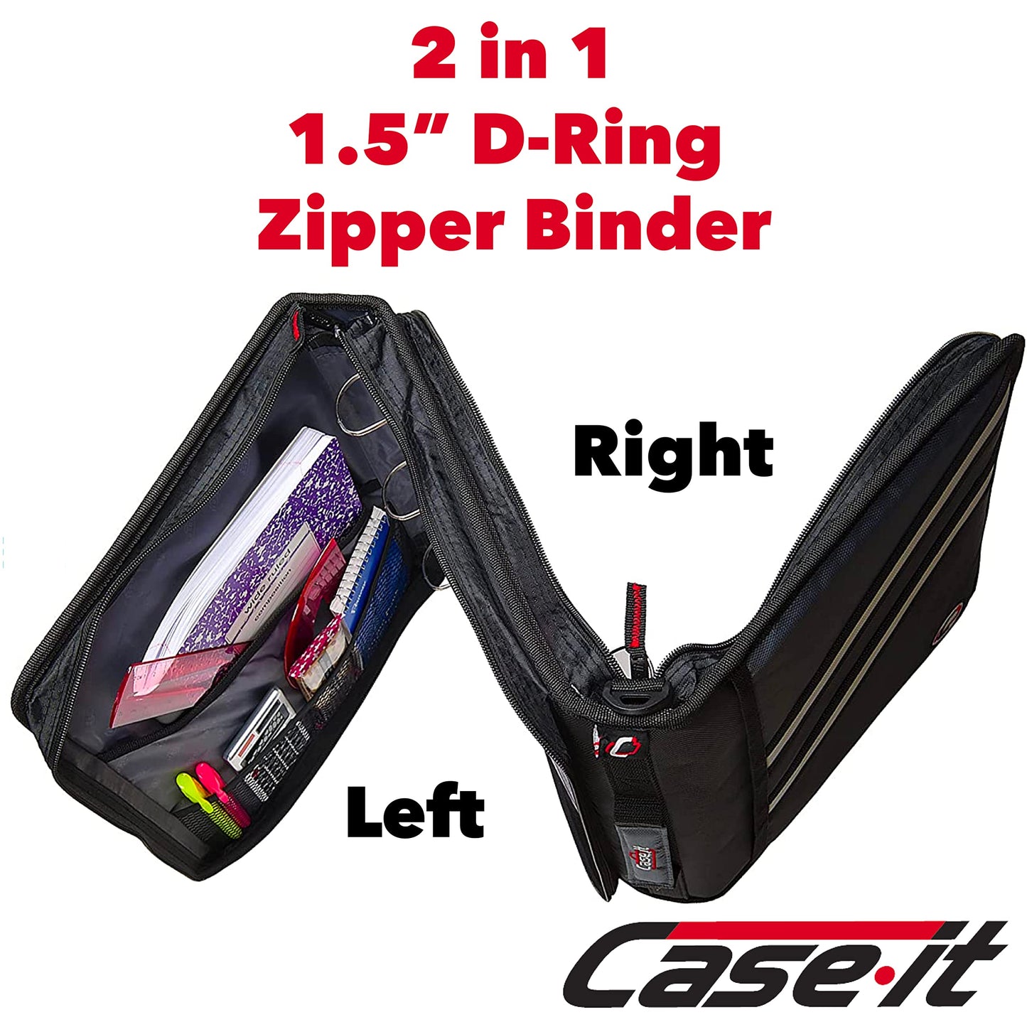 Case it The Z Shape Zipper Binder - Two Binders in One - Double Sided 1.5 Inch D-Ring - Multiple Pockets - 500 Page Capacity - Comes with Shoulder Strap, Jet Black Z-176 (Z-176-JBK)