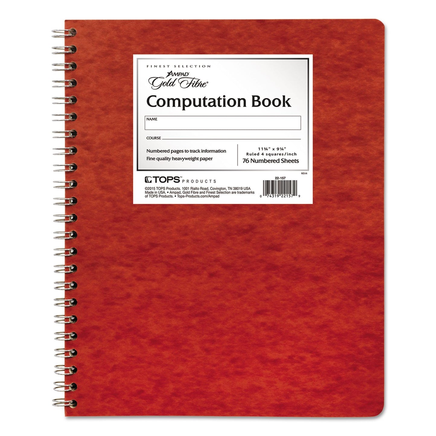 Ampad Engineers Research and Computation Book, Wirebound, Size 11-3/4 x 9-1/4, 24 Pound Paper, 76 Sheets, Buff Paper, 4x4 Ruling, Red Cover (22-157)