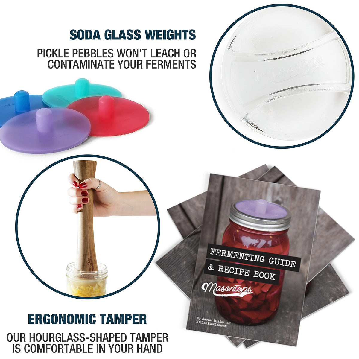 Masontops Complete Mason Jar Fermentation Kit - Pickle Kit, Sauerkraut Making Kit Kimchi Container - Fermenting Kit Fermentation Airlock Lids for Small Mouth Mason Jars, Fermentation Weights & Tamper