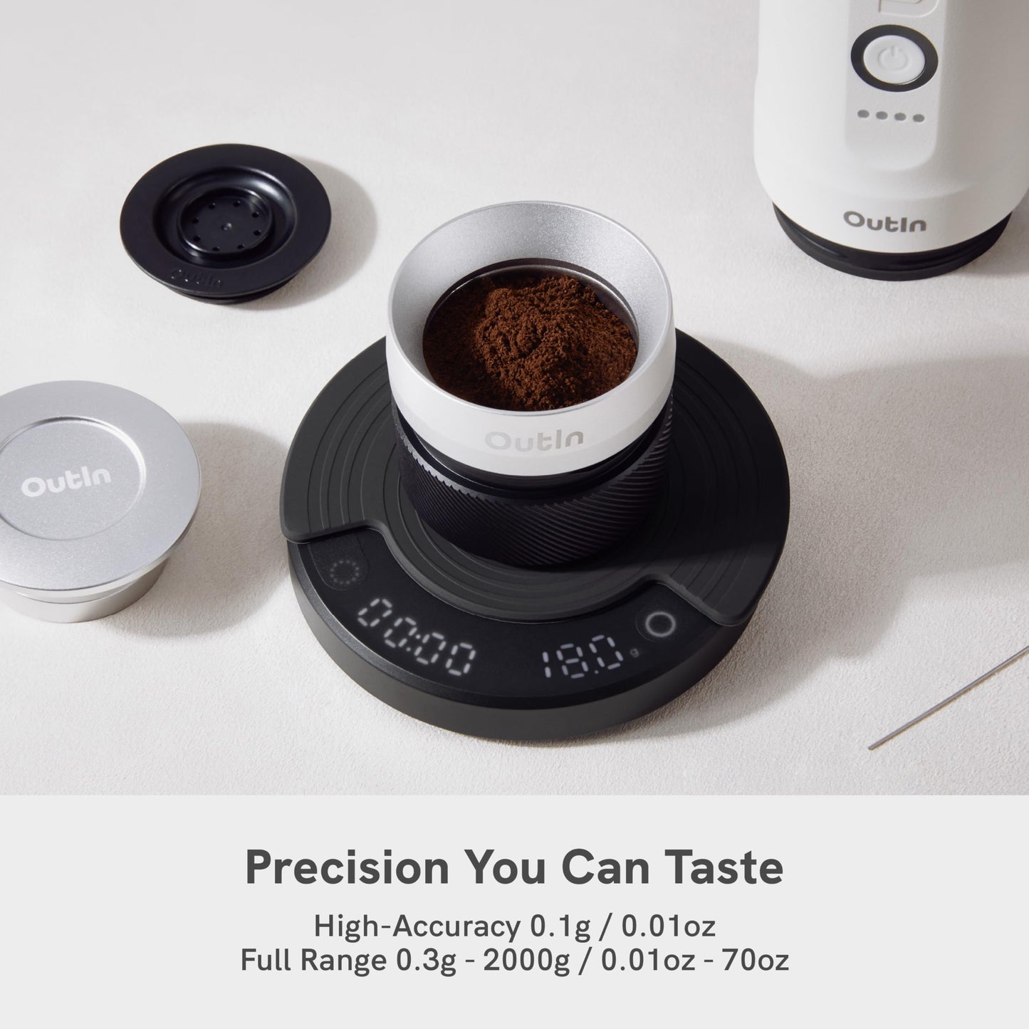 OutIn Claro Portable Coffee Scale,Espresso Scale 2kg/0.1g Accurate Measurement,Pour Over Coffee Scale Multiple Modes,Timer Function,Rechargeable, with Protective Bag
