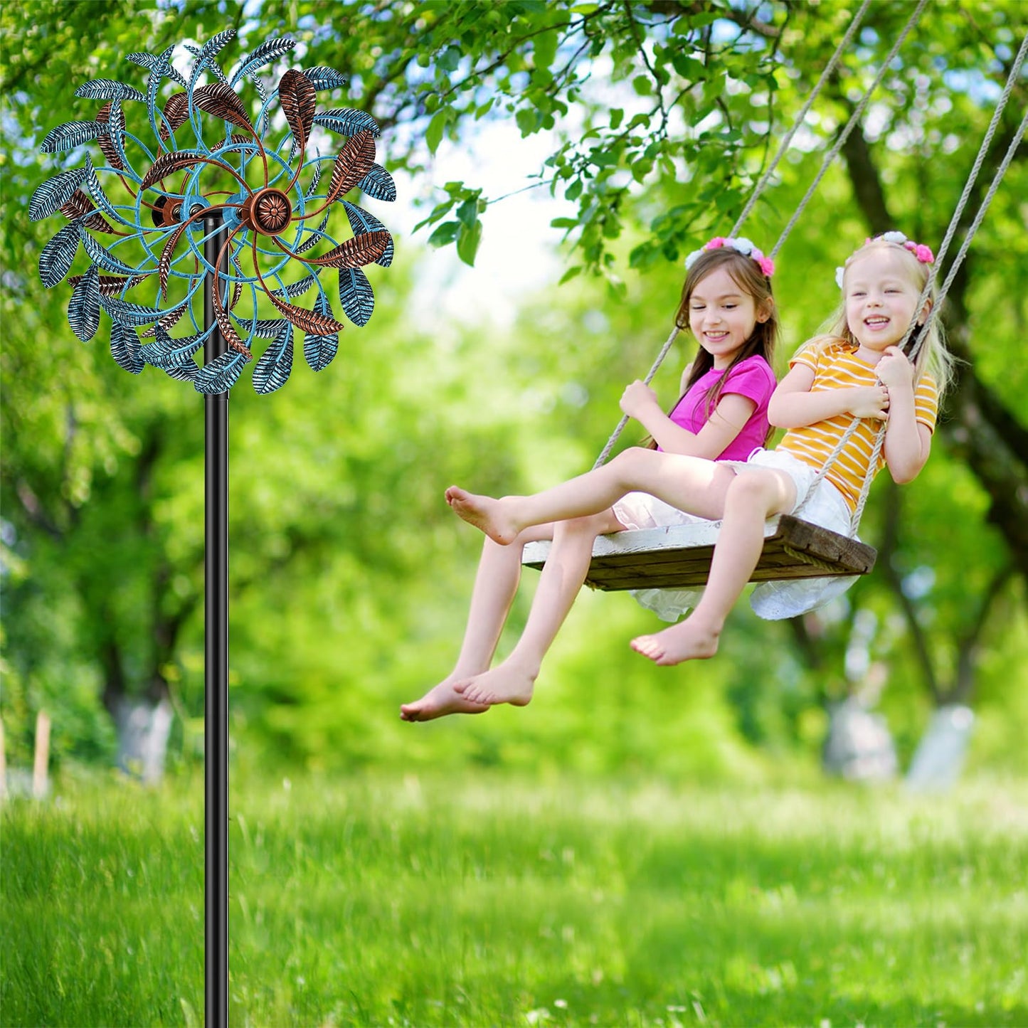 360° Wind Spinners Outdoor, Wind Sculptures Windmill with Metal Stake, Kinetic Large Metal Yard Art Decor Spinners Pinwheels for Garden Outside Patio Lawn, 63.2 * 13.2" (Blue+Brown)