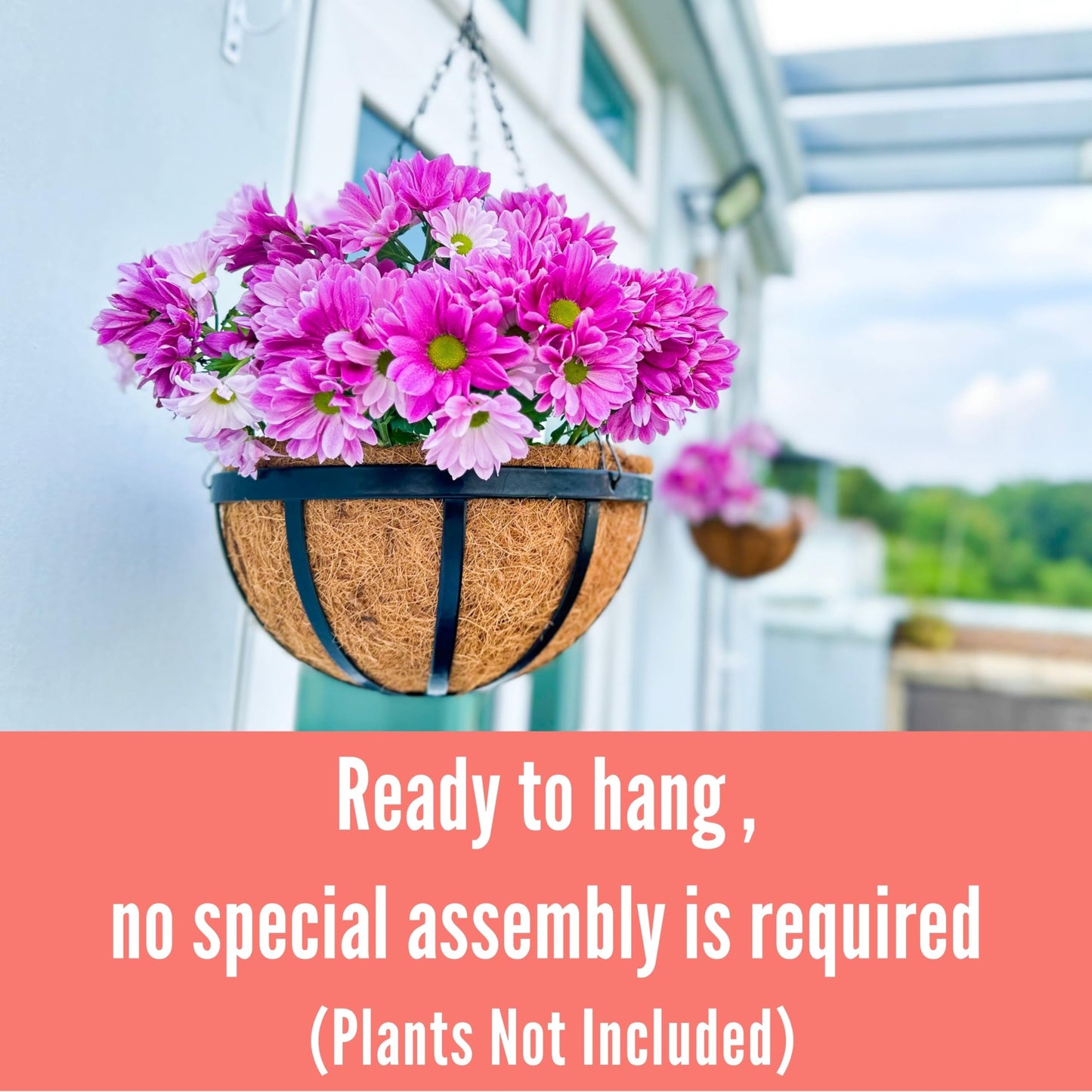LaLaGreen Outdoor Hanging Baskets for Plants (14 Inch, 4 Pack) Large Hanging Planter with Coco Liner, Round Plant Flat Iron Metal Flower Pots for Deck Patio Porch Garden Balcony Outside Decoration