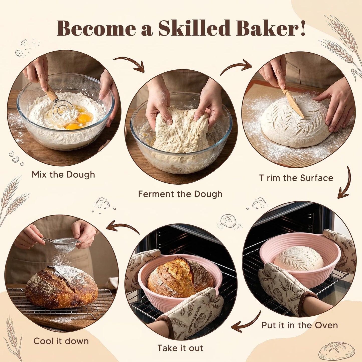 MQFORU Sourdough Bread Starter Kit, 30Pcs Sourdough Starter Kit, 9" Round and 10" Oval Banneton Proofing Basket 730ml Starter Jar, Easy to Fold and Washable Microwave-Safe, Gift for Baking Enthusiasts