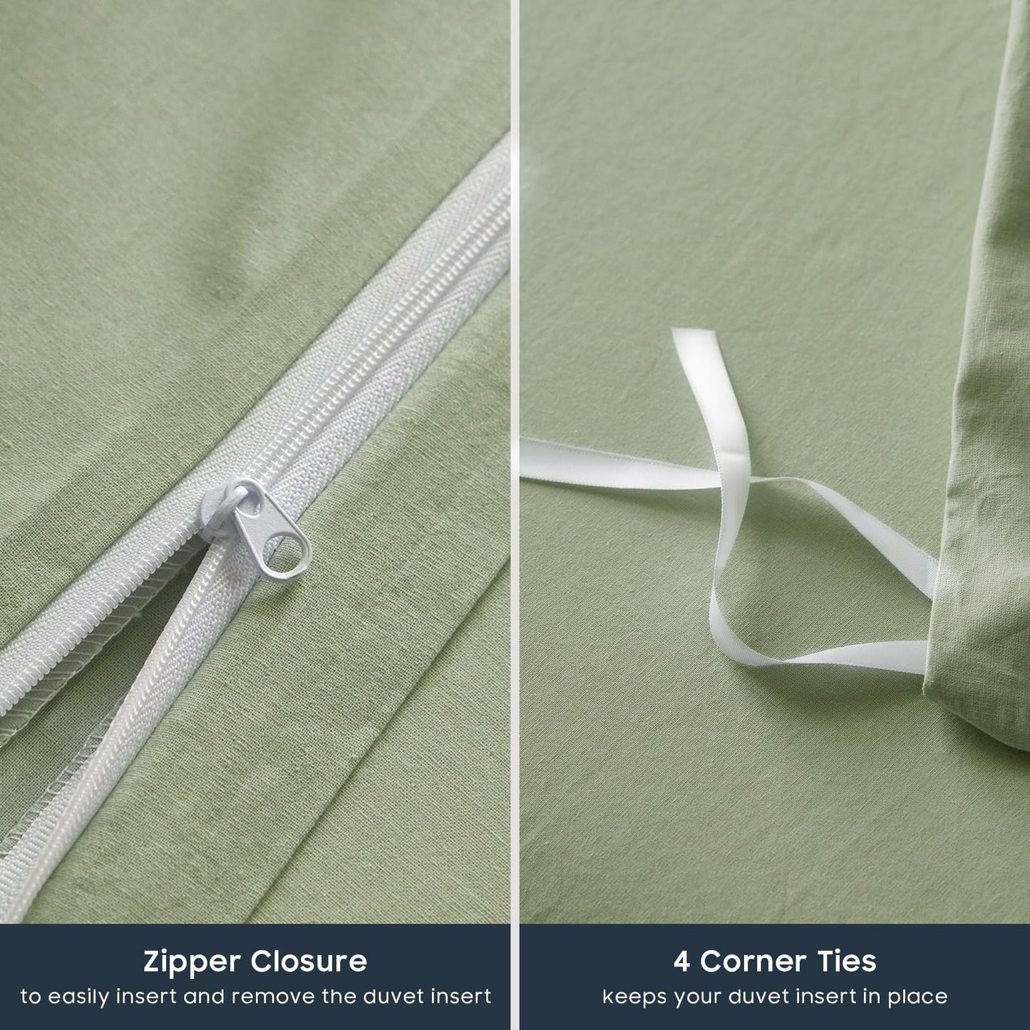 Wake In Cloud - Sage Green Cotton Duvet Cover Set, Queen Size, 100% Washed Cotton Plain Solid Color, Linen Like Textured, Breathable Durable Farmhouse Neutral Bedding Set, 3 Pieces