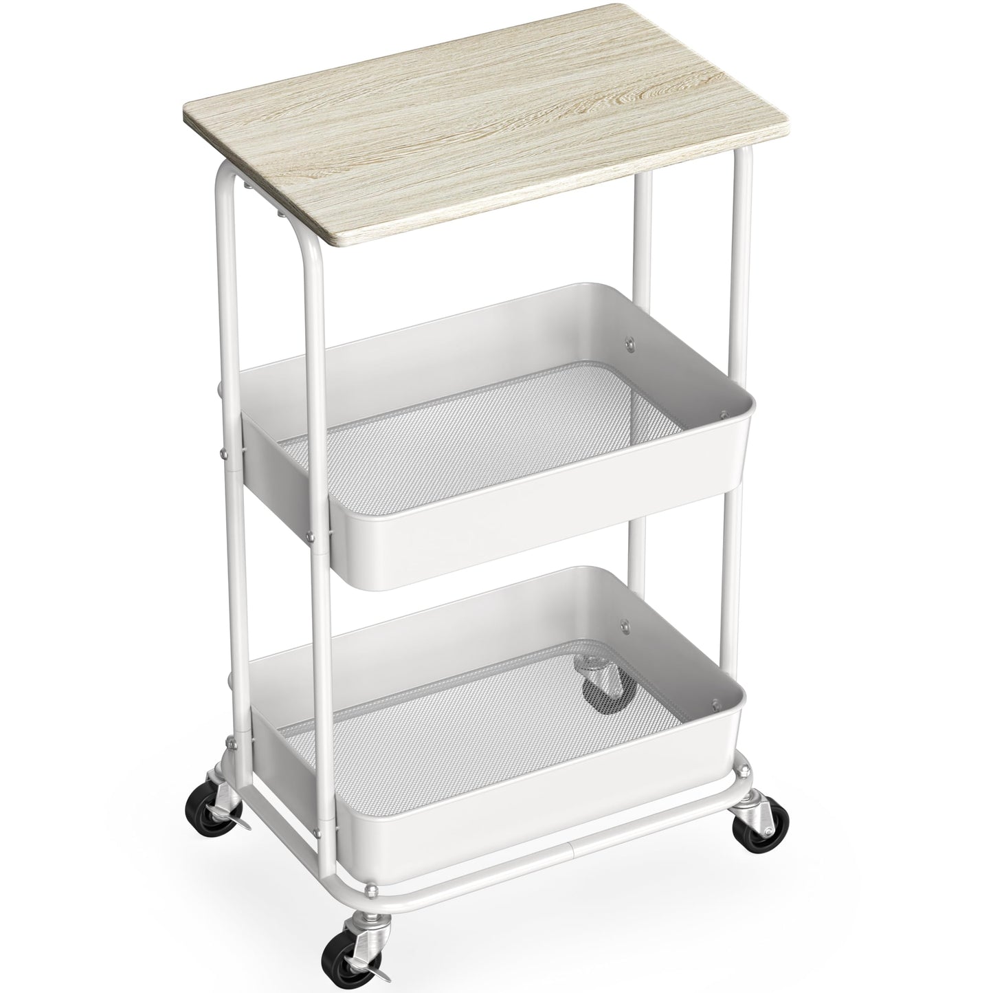 Simple Houseware 3-Tier Metal Rolling Utility Cart with Wooden Top and Lockable Wheel, Storage Organizer Trolley for Kitchen, Bathroom, Office, Craft Room, Maple