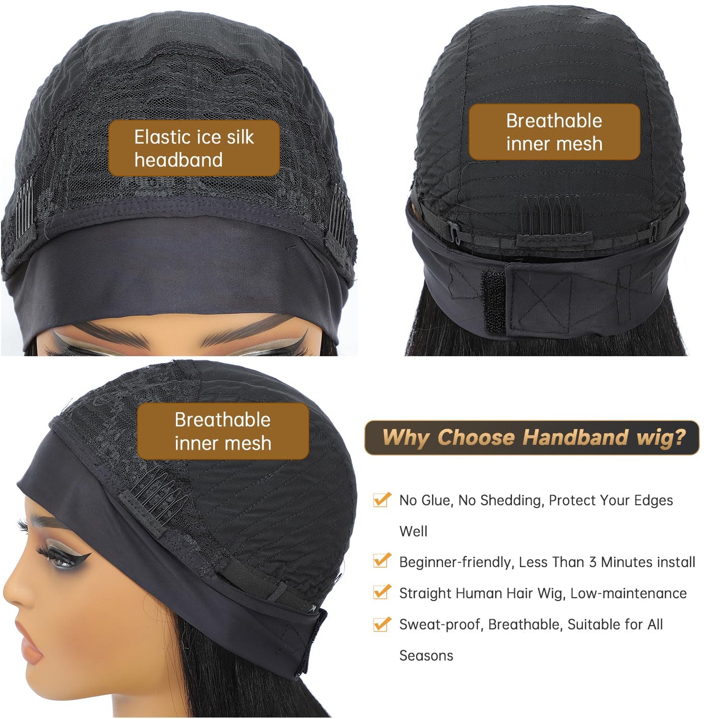 Headband Wigs Human Hair 12 Inch Bob Headband Wigs For Black Women Wear And Go Short Bob Wigs Glueless Wigs Human Hair Natural Black Headband Wig Human Hair Straight 150% Density