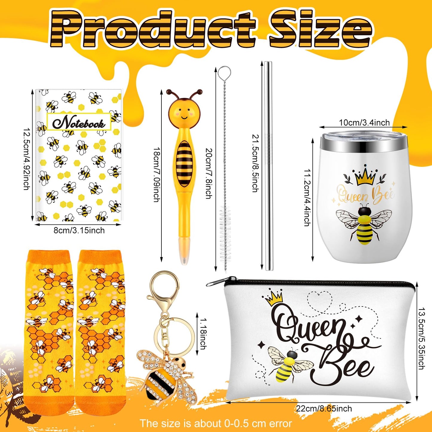 Panitay 6 Pcs Bee Themed Gifts Set for Women, 12 Ounce Stainless Steel Tumbler with Straw and Brush Socks Cosmetic Bag Notebook Pen Keychain for Mom Friends Teacher Bee Lover Gifts