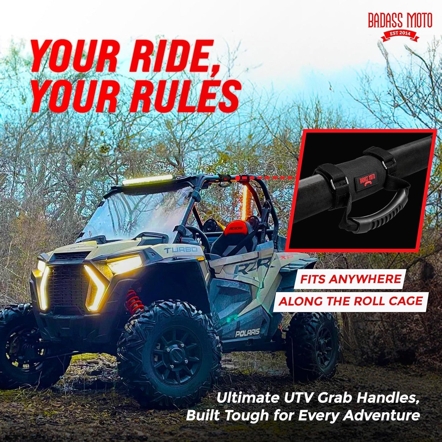 Badass Moto Roll Bar Grab Handles - SXS, ATV, & UTV Grab Handles Grips for 1.5 to 2" Rollbar - Black & Red Hand Grip Grabs with Stainless Steel Buckles for Honda, Teryx, Can-Am, Polaris, More. 2 Pack