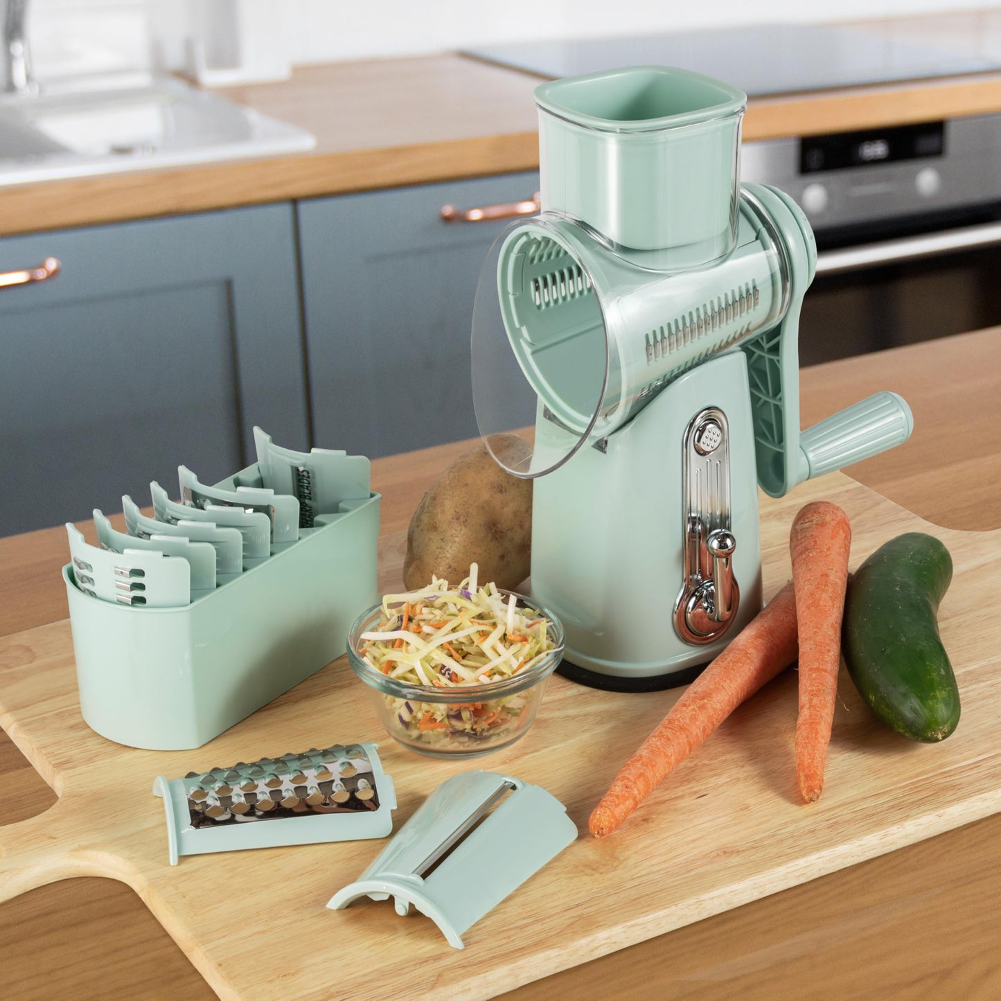 Rotary Cheese Grater 5-in-1 with Handle – Vegetable Slicer, Shredder, Carrot Grater, Nut Grinder & Chocolate Shaver, Durable Stainless Steel Blades (Light Green)