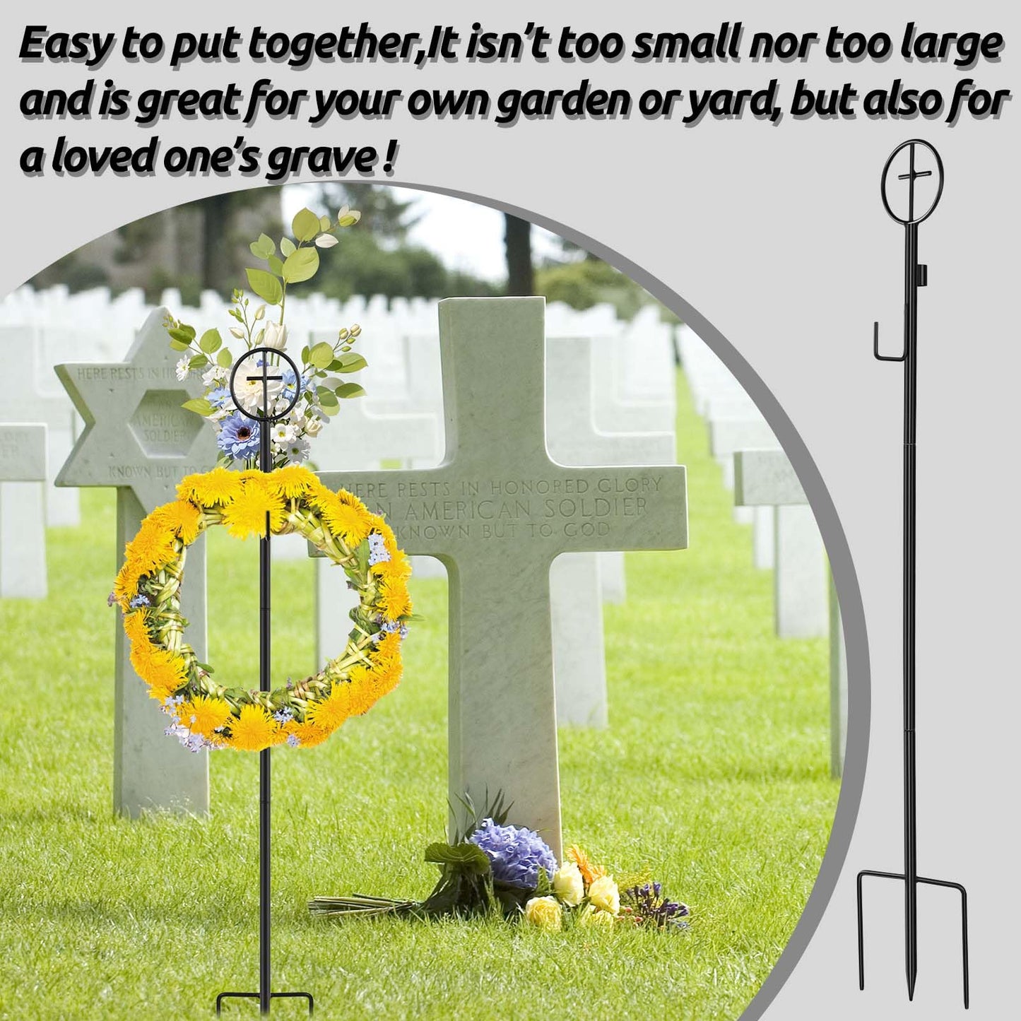 36" Black Metal Wreath Stake with Cross 3 Pronged Wreath Stake Heavy Duty Decoration Stand in Ground Cemetery Grave Wreath Holder for Cemetery, Graveside, Memorial Garden, Weddings (2 Pack)