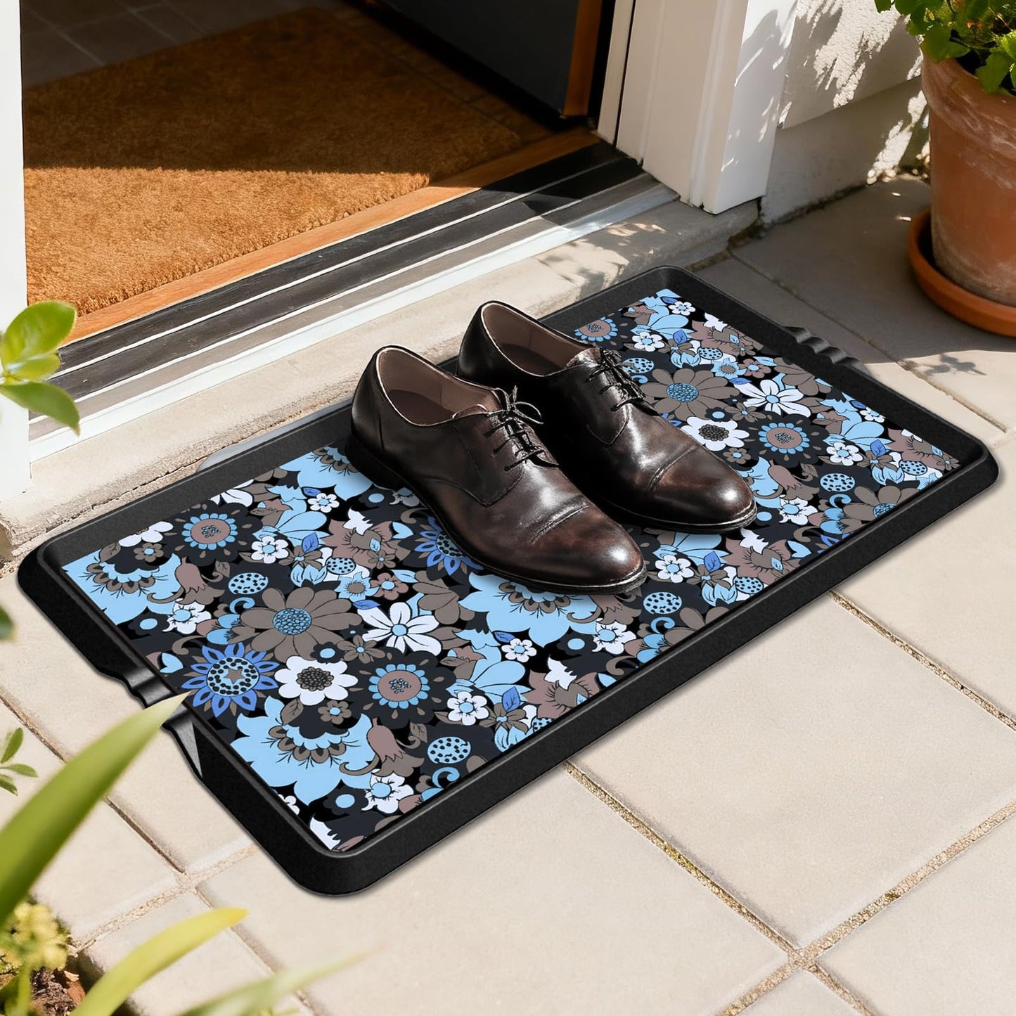 BEHERO Boot Tray Shoe Mat Decorative Patterned, Rubber Shoe Matt Tray Indoor/Outdoor Use, 16" x47.5" Shoe Cleaning Mat Non-Slip, Shoe Storage Waterproof Flower Prints for Entryway, Velvet Bloom