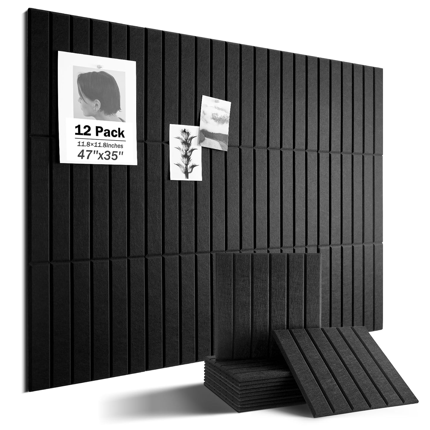 Woovio Large Cork Board, 48" X 36" Bulletin Board, 12 Pack Felt Pin Boards Cork Boards for Walls Office Home Decor, Classroom with 60 Safe Removable Adhesive Tabs Black