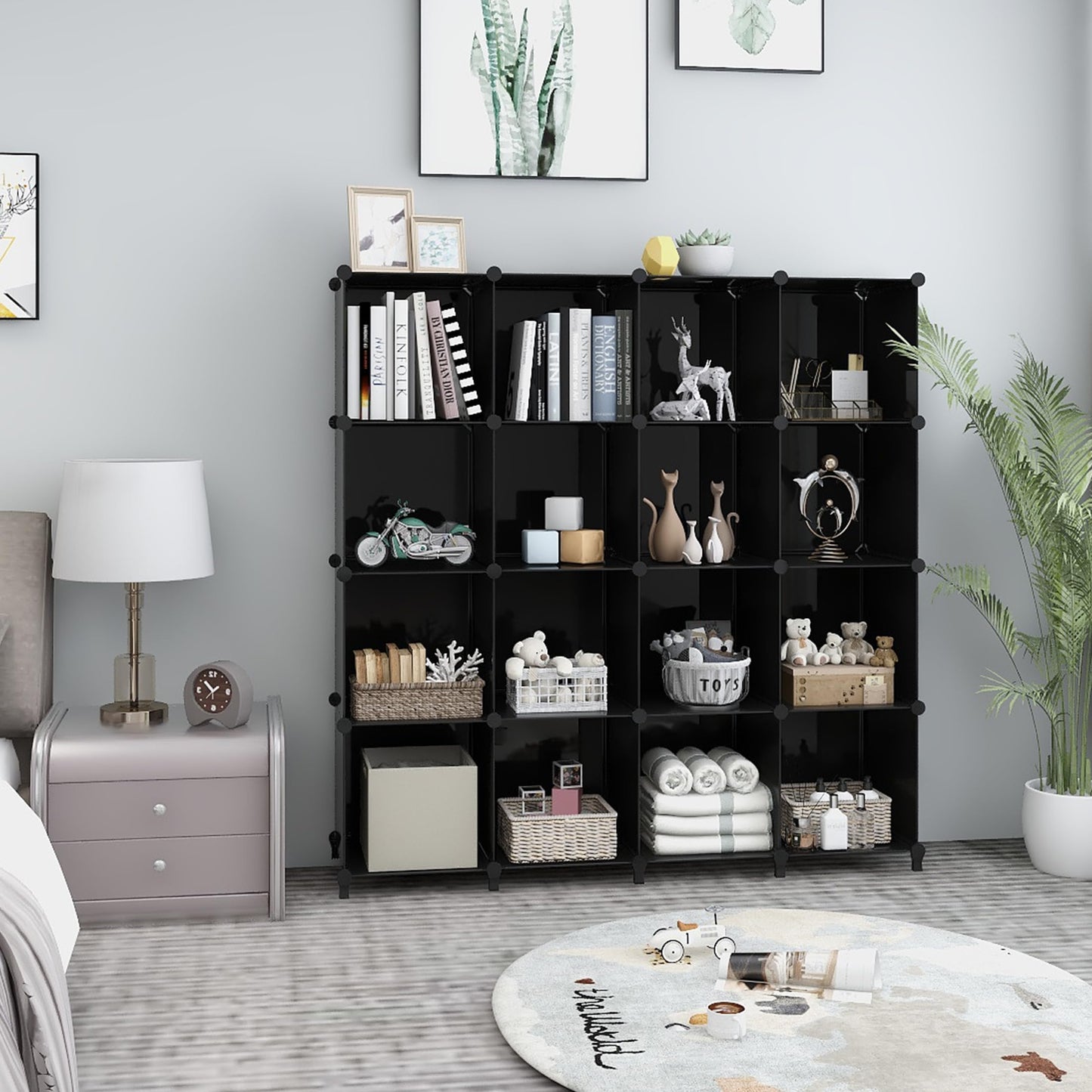 Lxvckly Cube Storage Organizer, DIY Portable 16-Cube Closet Clothes Organizer and Storage Shelving, Modular Home Office Shelves Units for Living Room, Bedroom, Bathroom, Closet Black