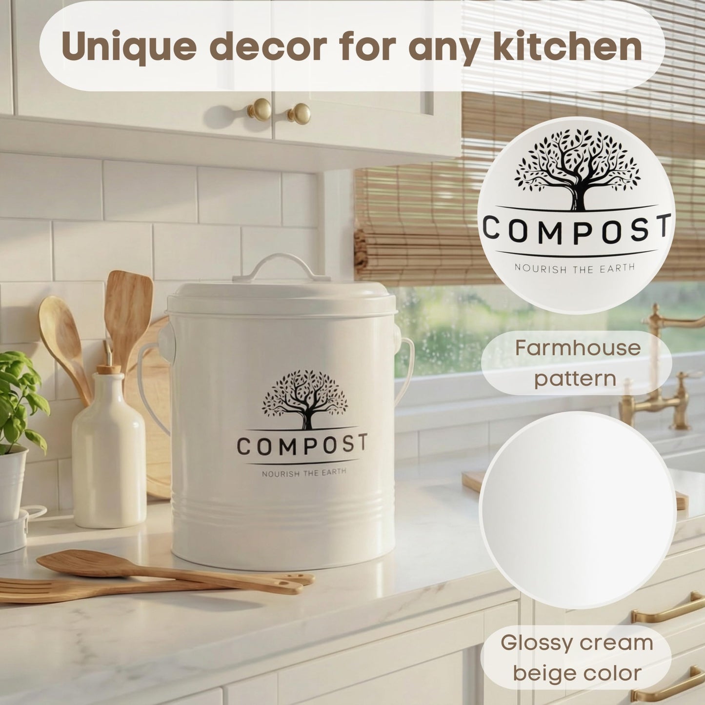 Perfnique Kitchen Compost Bin, 1.3 Gallon Countertop Compost Bin with Lid, Indoor Compost Bucket Includes Inner Bucket Liner and Carbon Filter, Small Compost Bin with Trash Bags (with Bags, Cream)