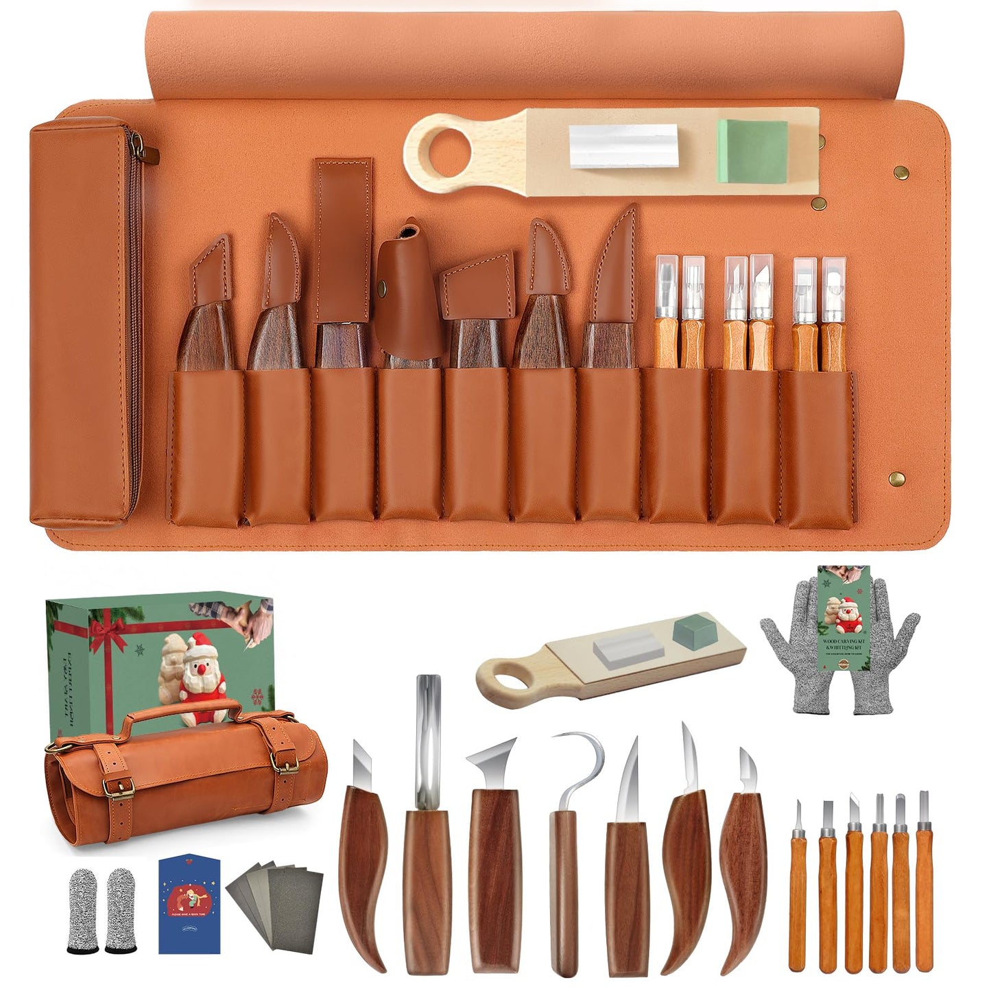 COZYGIFT Wood Carving Kit for Adults & Beginners - 29Pcs Whittling Knife Set with Premium Leather Roll Case - Includes Strop Block, Gloves & Patterns - Sharp Woodworking Hand Tools Gift for Men Dad