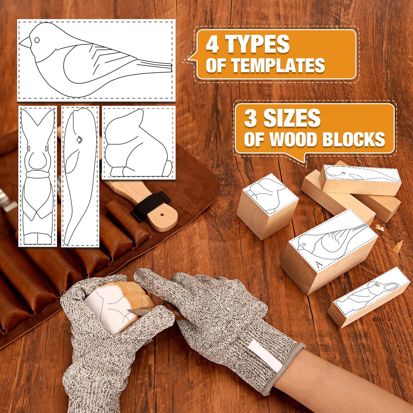 Wood Carving Kit, 24Pcs Wood Carving Tools with PU Storage Bag, Wood Whittling Knife Kit with 4pcs Templates & 6pcs Basswood Blocks for DIY Beginners
