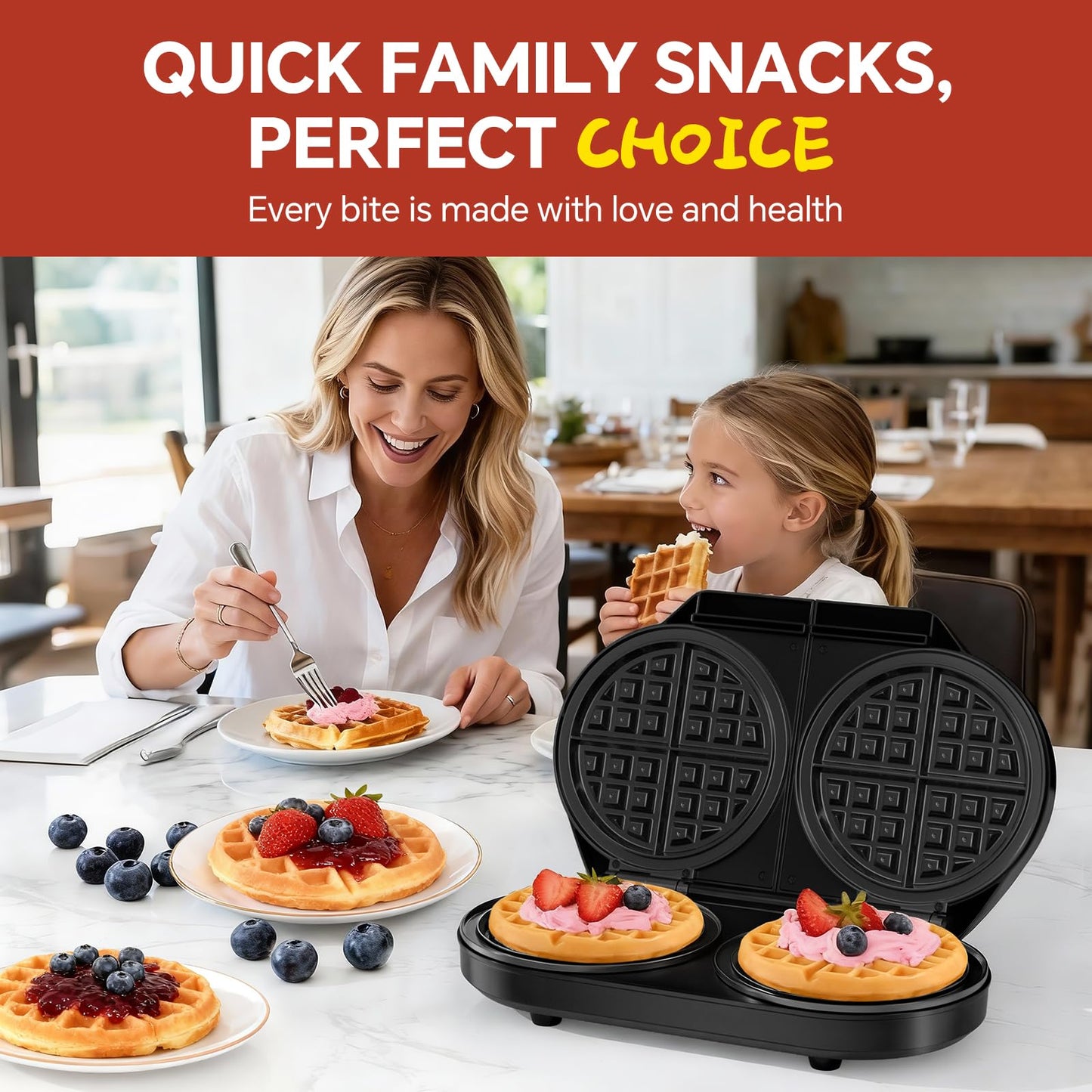Double Waffle Maker, Belgian Waffle Maker, 6.5 Inch Waffle Iron with 2 Independent Adjustable Temp Knobs & Indicator Lights, Easy-Clean Nonstick Plates, Stainless Steel, Black