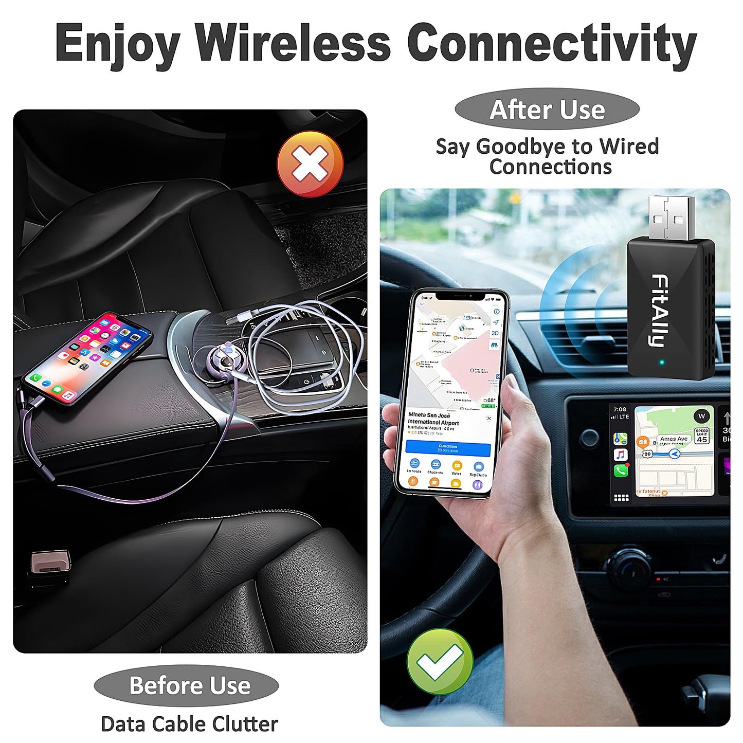 2 in 1 Wireless CarPlay & Android Auto Adapter, Plug & Plug Auto Connect No Delay, Converts Wired to Wireless for Factory Wired Cars from 2016+, Compatible for iPhone & Android Phone, USB-C to A Cable