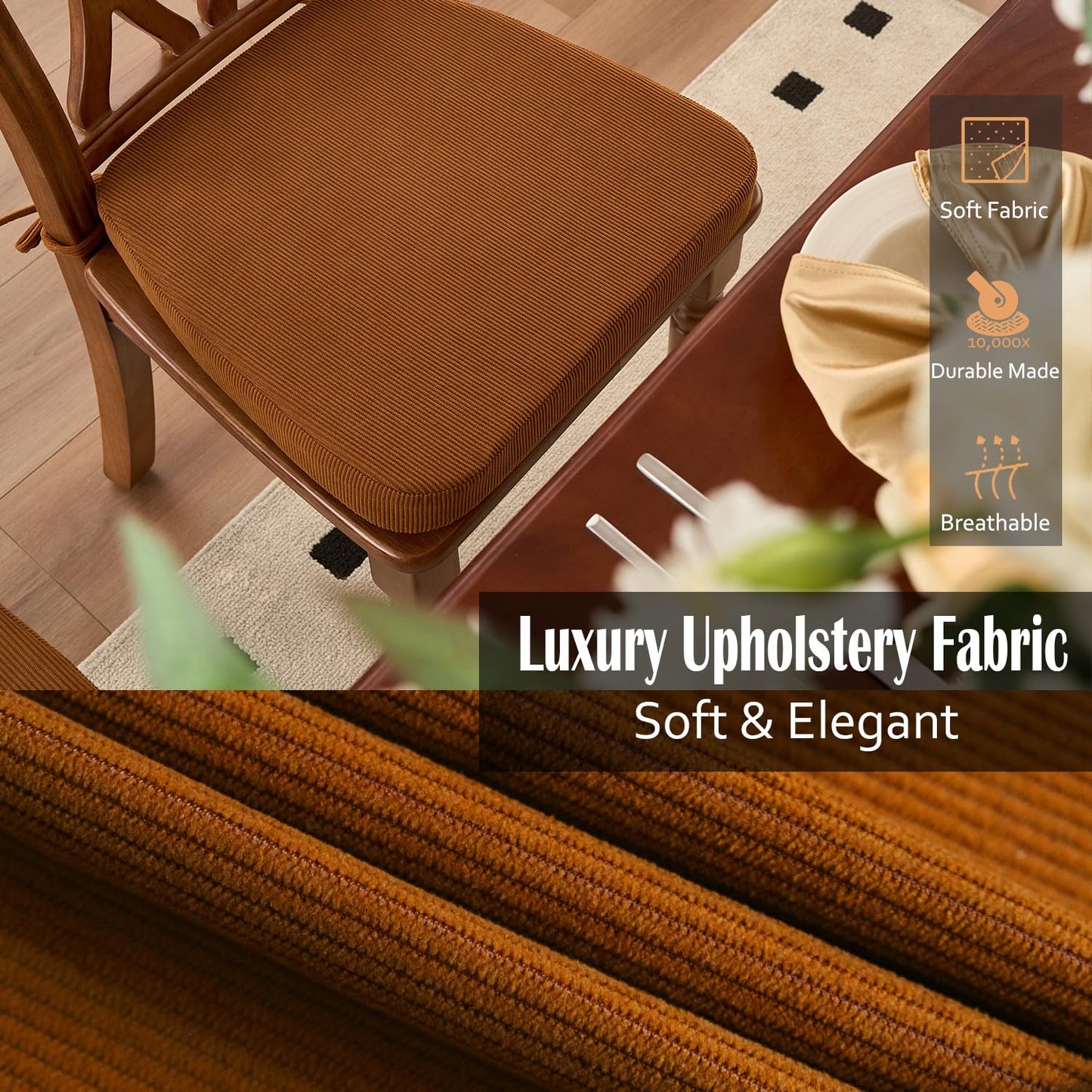 Nobildonna Dining Chair Cushions Set of 4-2" Thick High-Density Foam Chair Pads with Ties and Non-Slip Bottom, Removable Washable Cover for Dining and Kitchen, 17"x16", Orange Brown