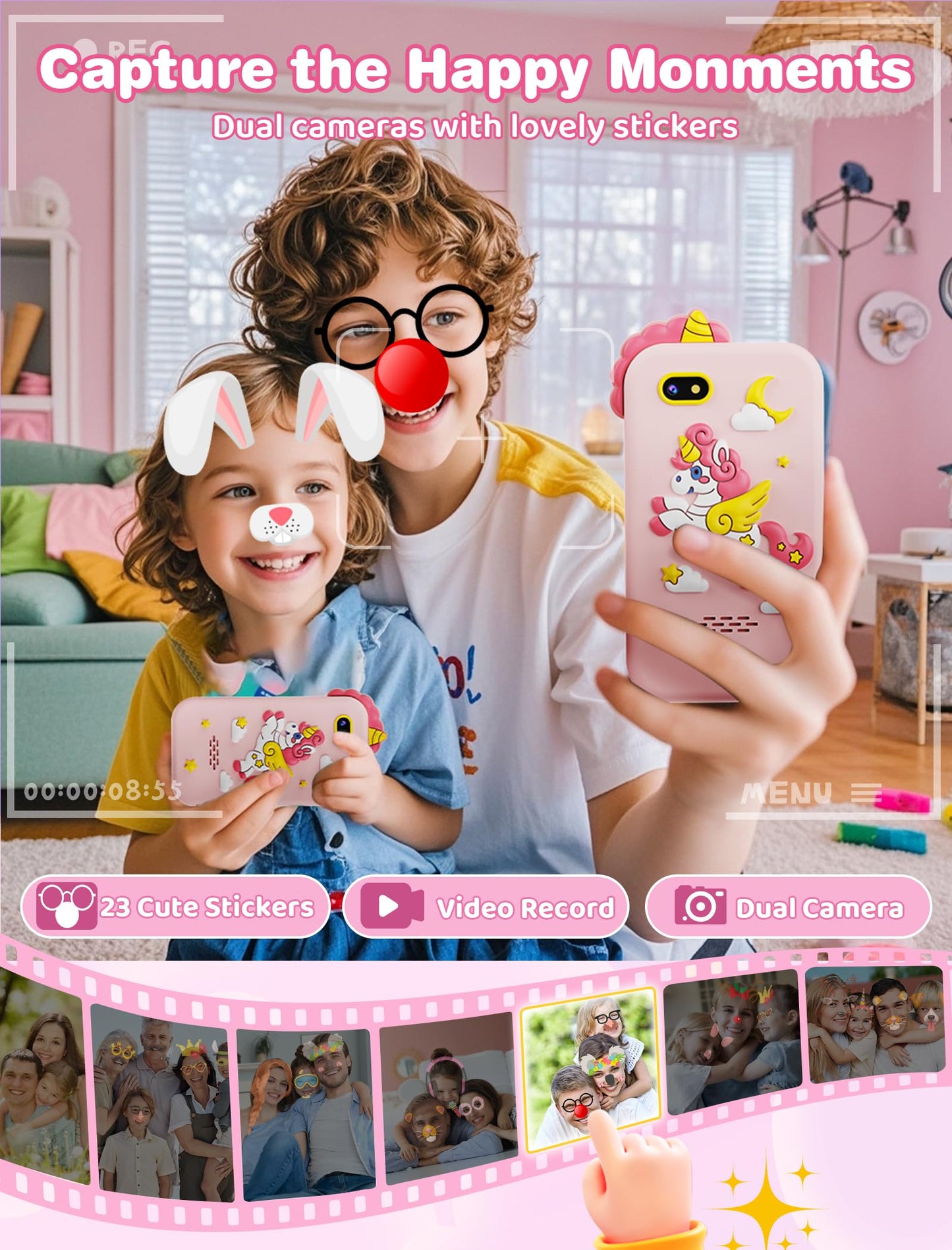 Kikidex Kids Smart Phone for Girls, Perfect Christmas Birthday Gifts for 3-8 Year Old Kids, Touchscreen Learning Play Toy Smartphone with Dual Camera, Puzzle Game, Music Player (Pink)