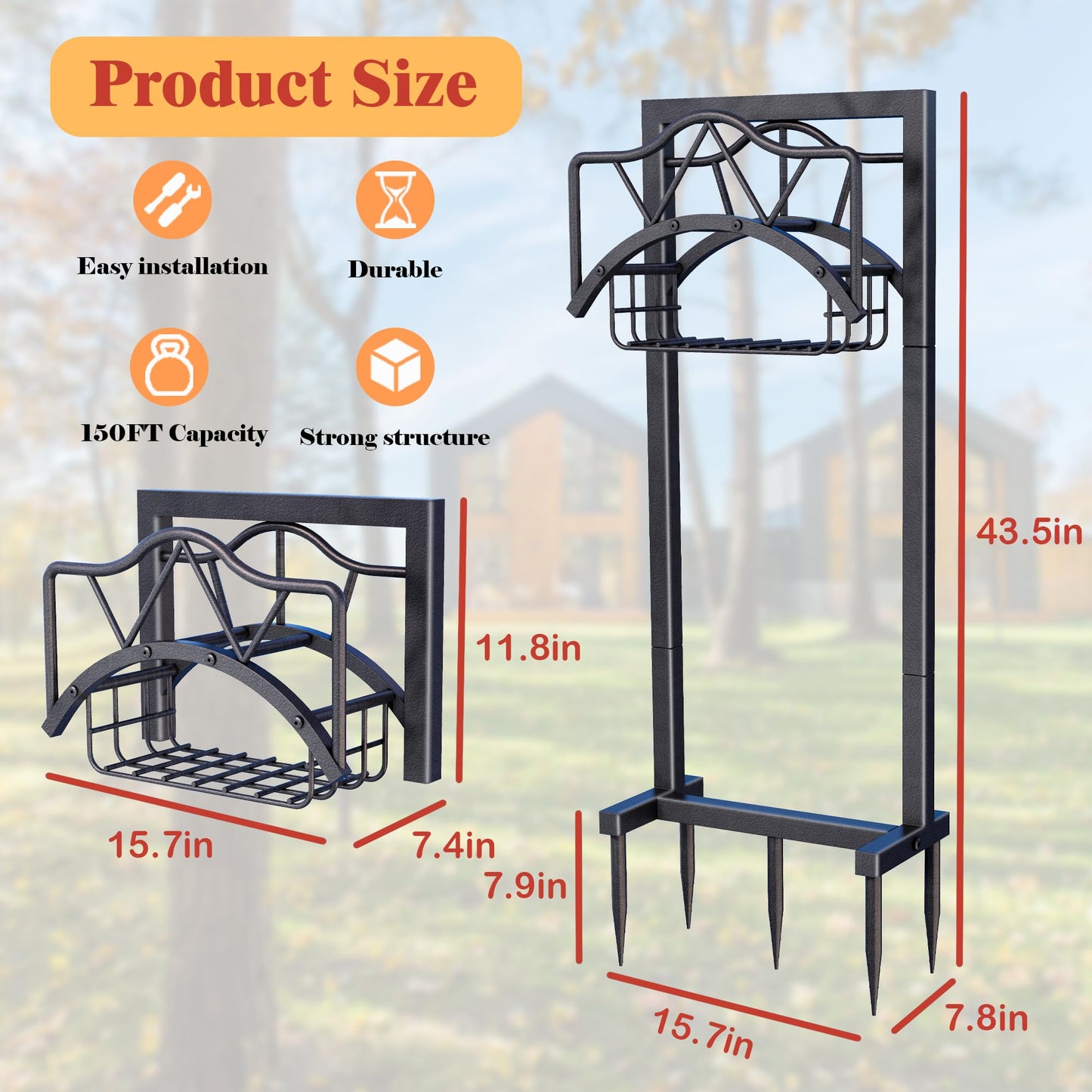 AMDERVEN Garden Hose Holder for Outside - Freestanding Metal Stand With 5 Spikers and Basket, Outdoor Heavy Duty Reel, Holds 150-feet, Black
