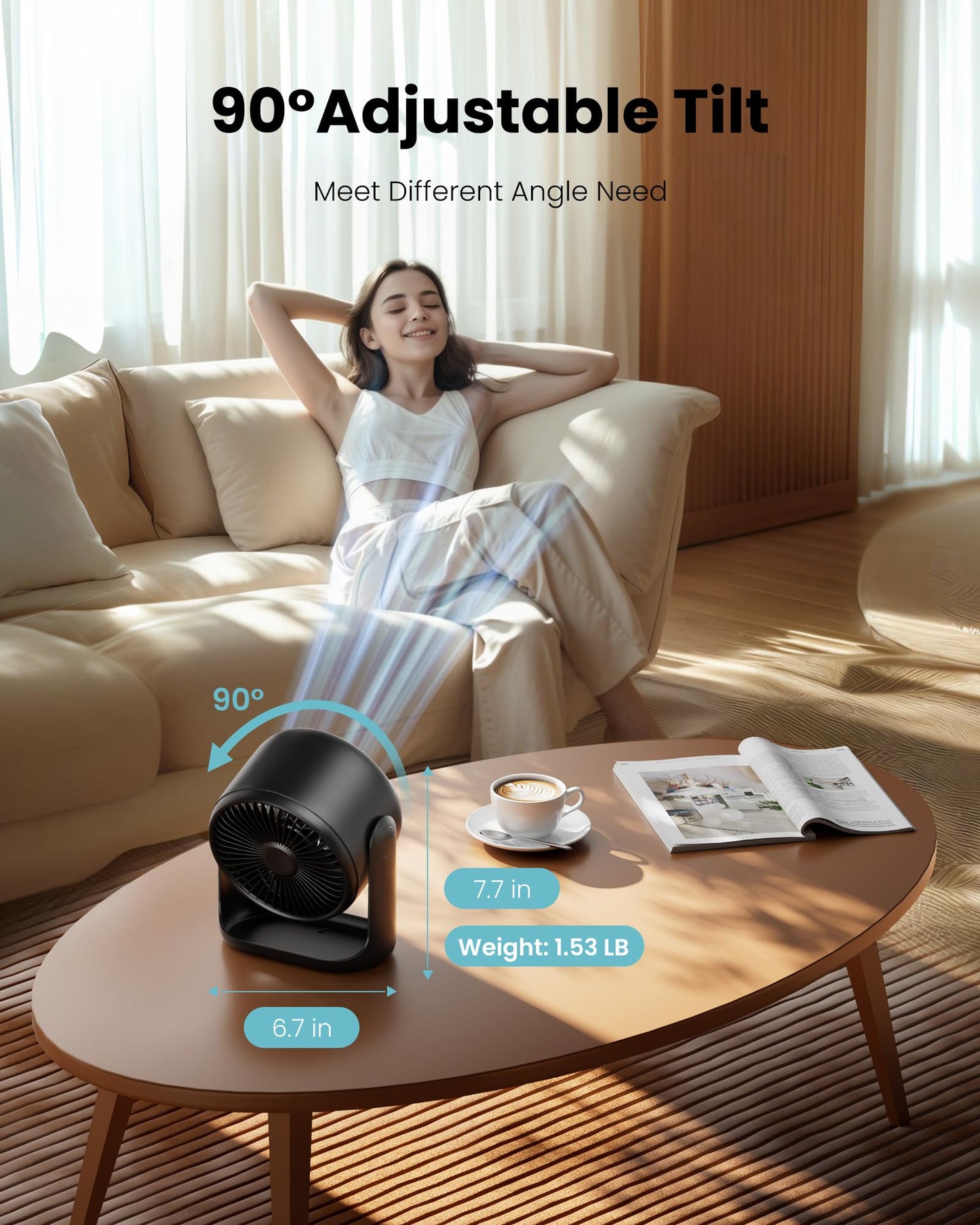 Gaiatop 7.7 In Desk Fan with Touch Control, 4000mAh Battery, 5 Speeds Ultra Quiet Bedroom Fan with LED Display, 90° Tilt, USB-C Rechargeable Desktop Fan for Dorm Office Room Home Office, Black