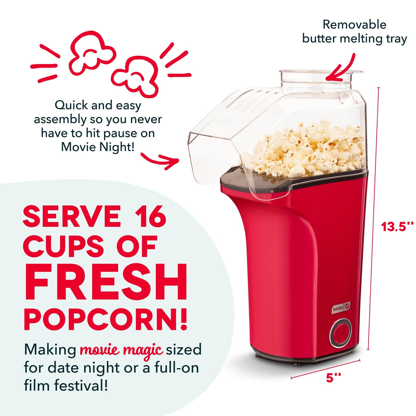 DASH Hot Air Popcorn Popper Maker with Measuring Cup to Portion Popping Corn Kernels + Melt Butter, 16 Cups - Red