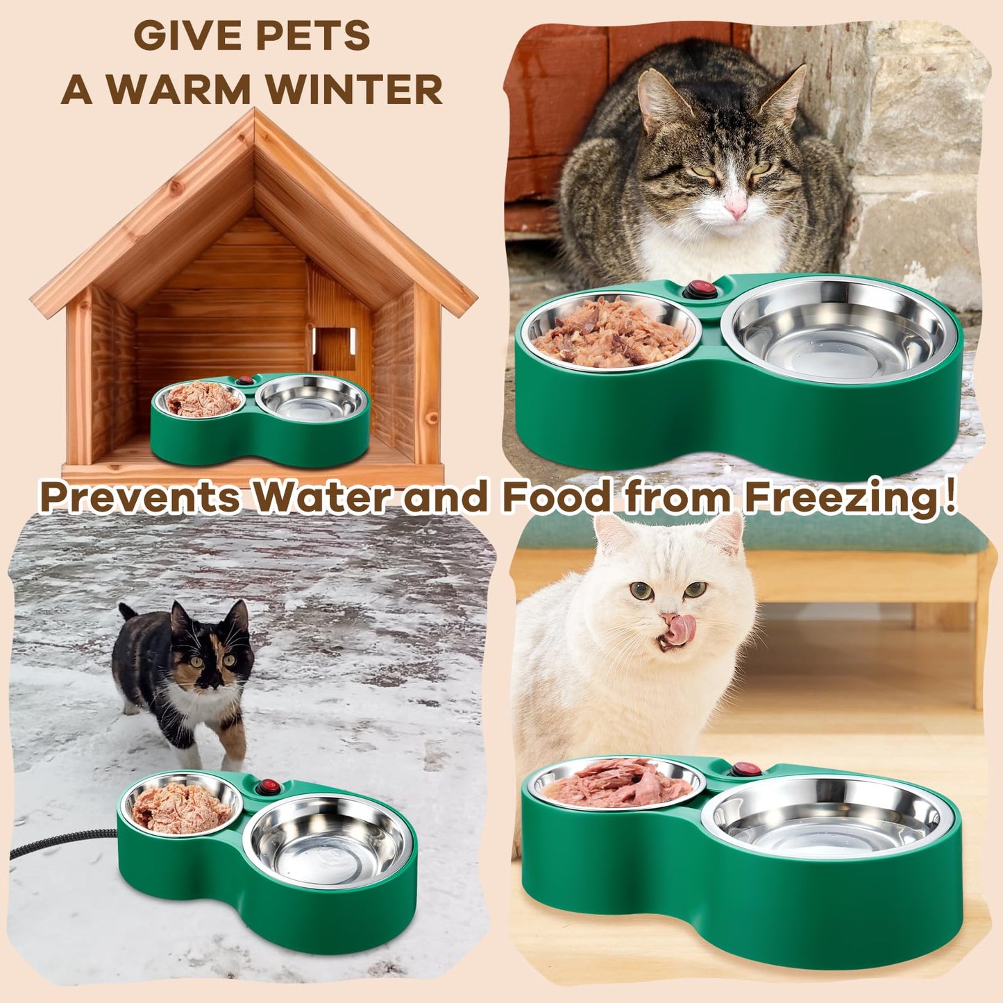 Heated Cat Bowl - KOKOPRO for Outdoor Heated Pet Bowl Stainless Steel Heated Water Bowls Food Warmer, Double Heated Pet Bowl for Feral Cat Feeding Station Provide Non Freezing Food and Water in Winter