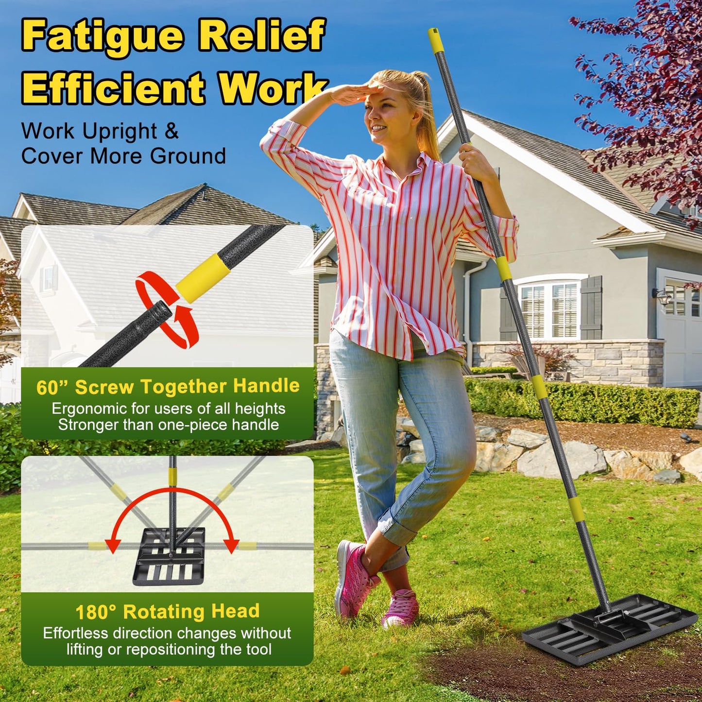Lawn Leveling Rake: Anti Flipping 17" x 10" Stainless Steel Lawn Ground Leveler for Soil, Heavy Duty Grass Top Soil Dressing Leveling Rake, Home Lawn,Golf Field,Yard Landscaping Tool, 5ft Long Handle