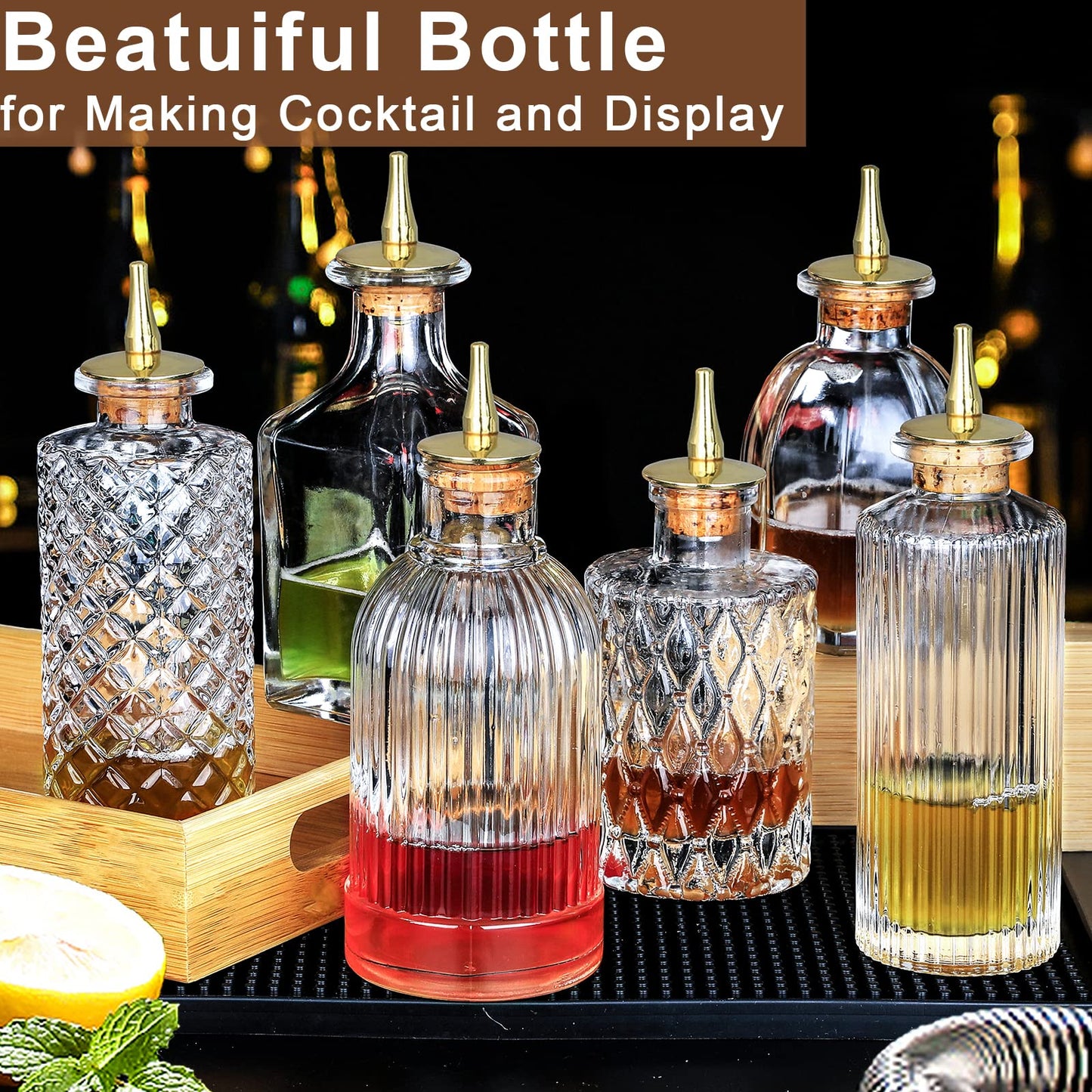 Bitters Bottle Set of 6 - Glass Dasher Bottles to Store and Dash Cocktail Bitter Ingredients Dispenser Bottles with Dash Top and Stoppers with Tray