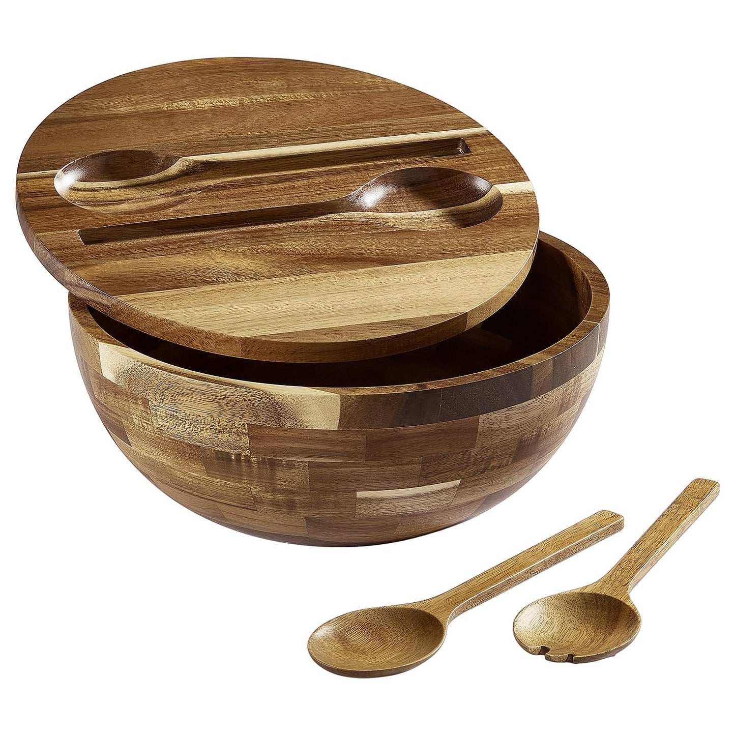 12'' Wooden Salad Bowl Large Wood Salad Bowl with Lid Acacia Wood Salad Bowls Set Mixing Bowl Serving Bowl with Servers for Salads, Pasta, Fruit, Dessert