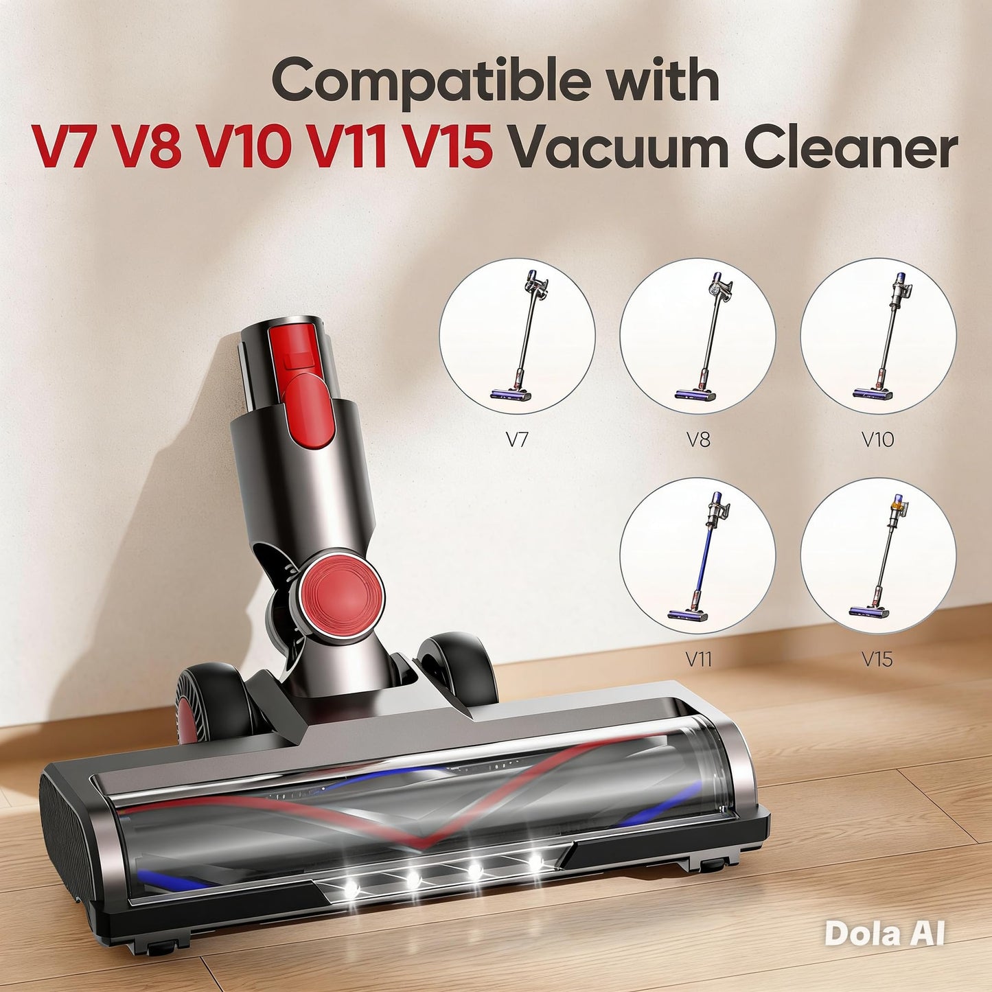 FLYLINKTECH Replacement Brush Head Compatible with V7 V8 V10 V11 V15, Motorized Vacuum Head with 2 Rollers for Hard Floors & Carpets, LED Lights, 180° Swivel, Not Compatible with V6