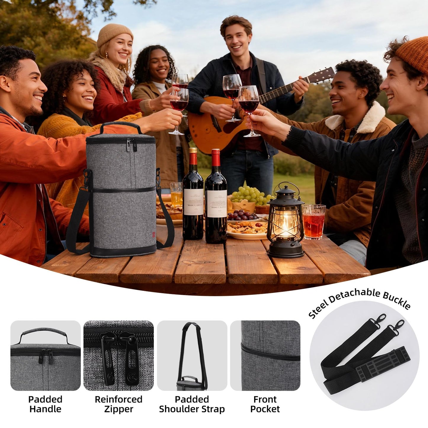 ALLCAMP 2 Bottle Wine Tote Carrier - Insulated Portable Padded Canvas Wine Bag for Travel, BYOB Restaurant, Wine Tasting, Party, Great Christmas Day Gift for Wine Lover，Gray
